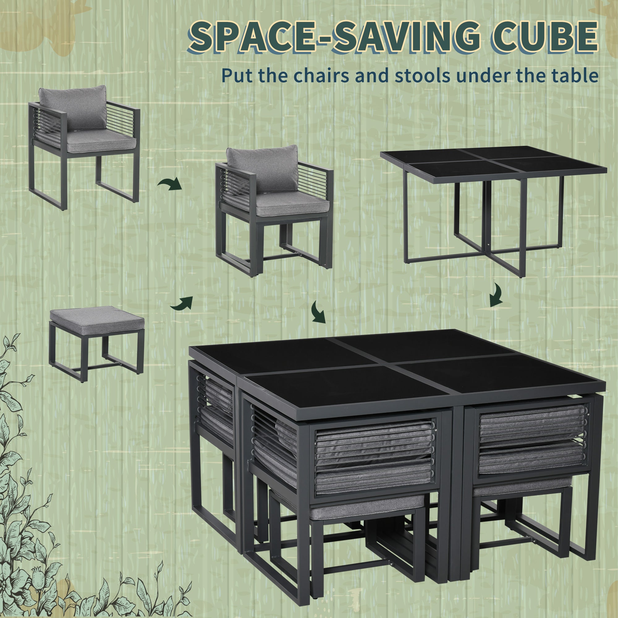 Outsunny Nine-Piece Aluminium Garden Set, with Glass-Top Table - Grey - North Peak Garden Furniture