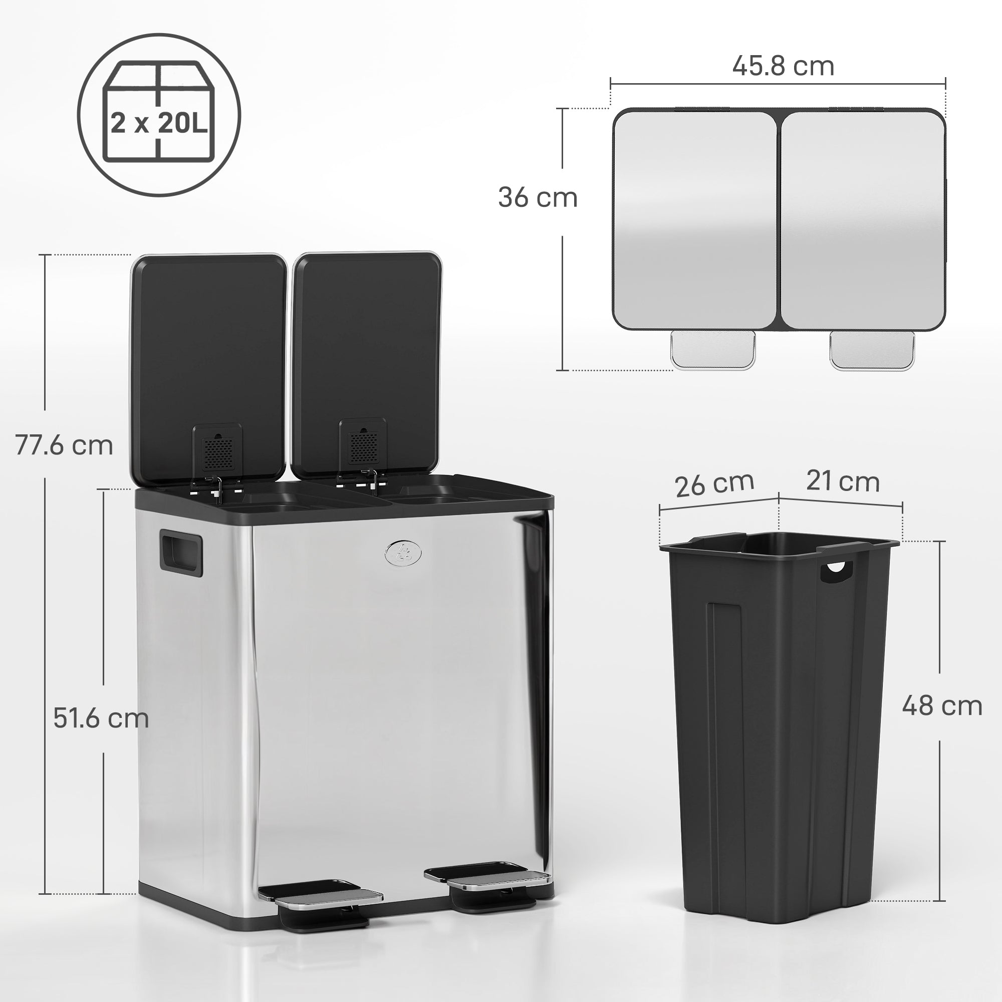 HOMCOM 40L Dual Compartment Stainless Steel Bin, with Deodoriser Holders - Silver Tone - North Peak Garden Furniture