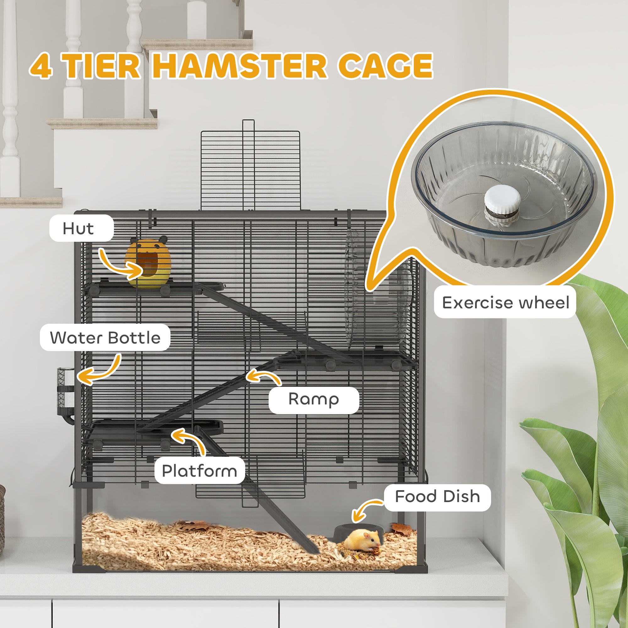 PawHut 4 Tiers Hamster Cage with Deep Tempered Glass Bottom, Hut, Running Wheel, Food Dish, Water Bottle, 78.5 x 48.5 x 80cm - North Peak Garden Furniture