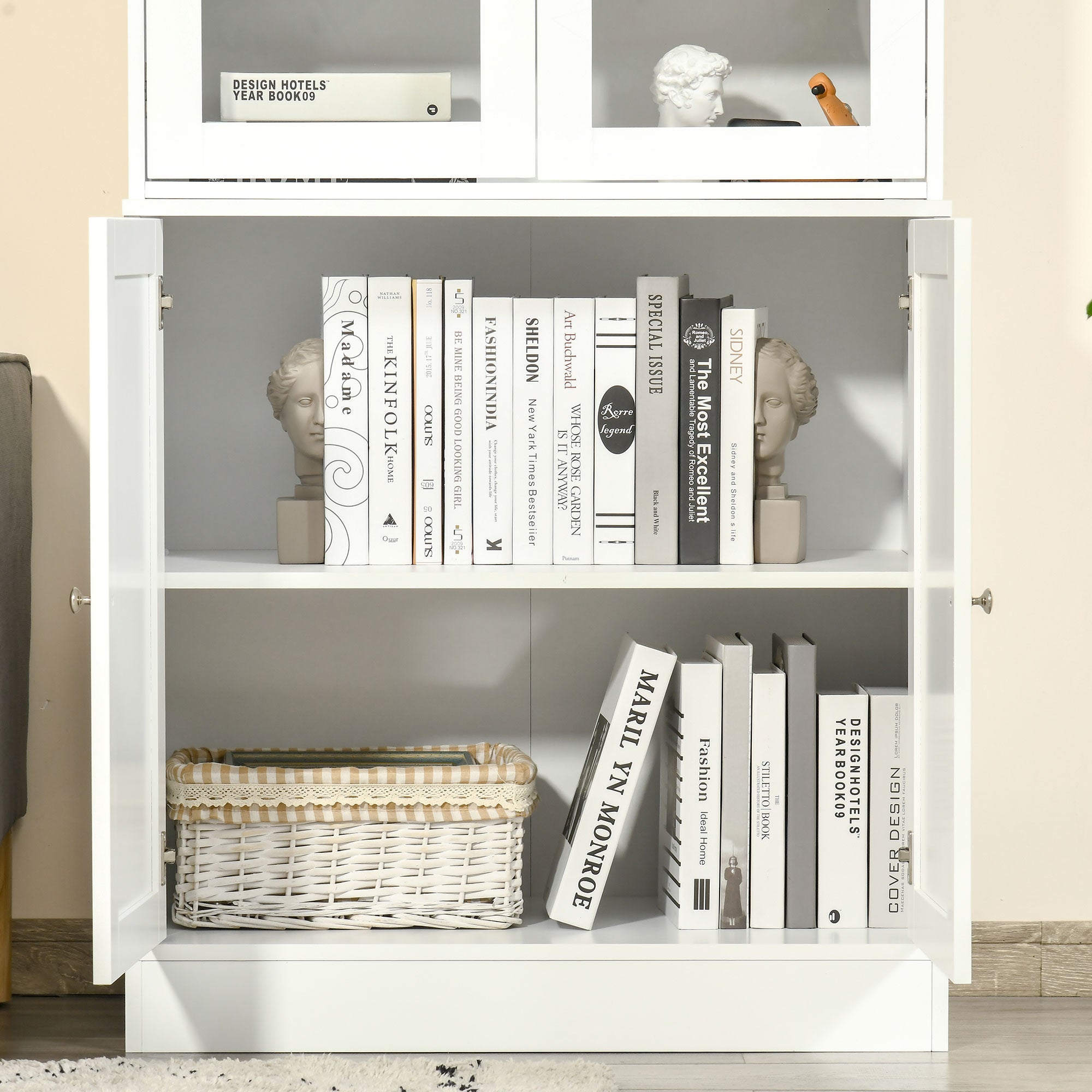 HOMCOM Modern Bookcase with Glass Doors, Display Storage Cabinet with Adjustable Shelves for Living Room, Study, Office, White - North Peak Garden Furniture
