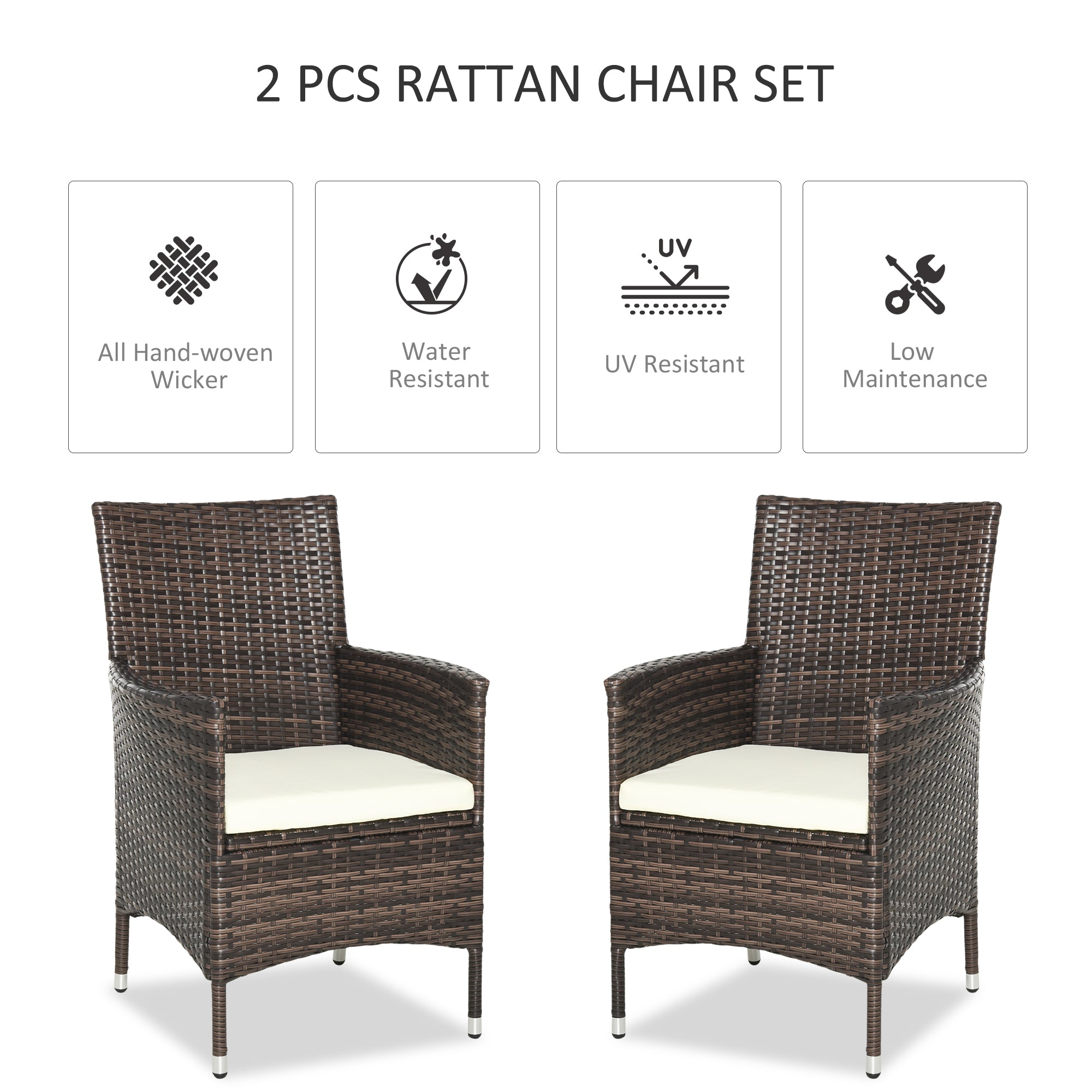 Outsunny 2 PC Outdoor Rattan Armchair Dining Chair Garden Patio Furniture w/ Armrests Cushions Mixed Brown - North Peak Garden Furniture