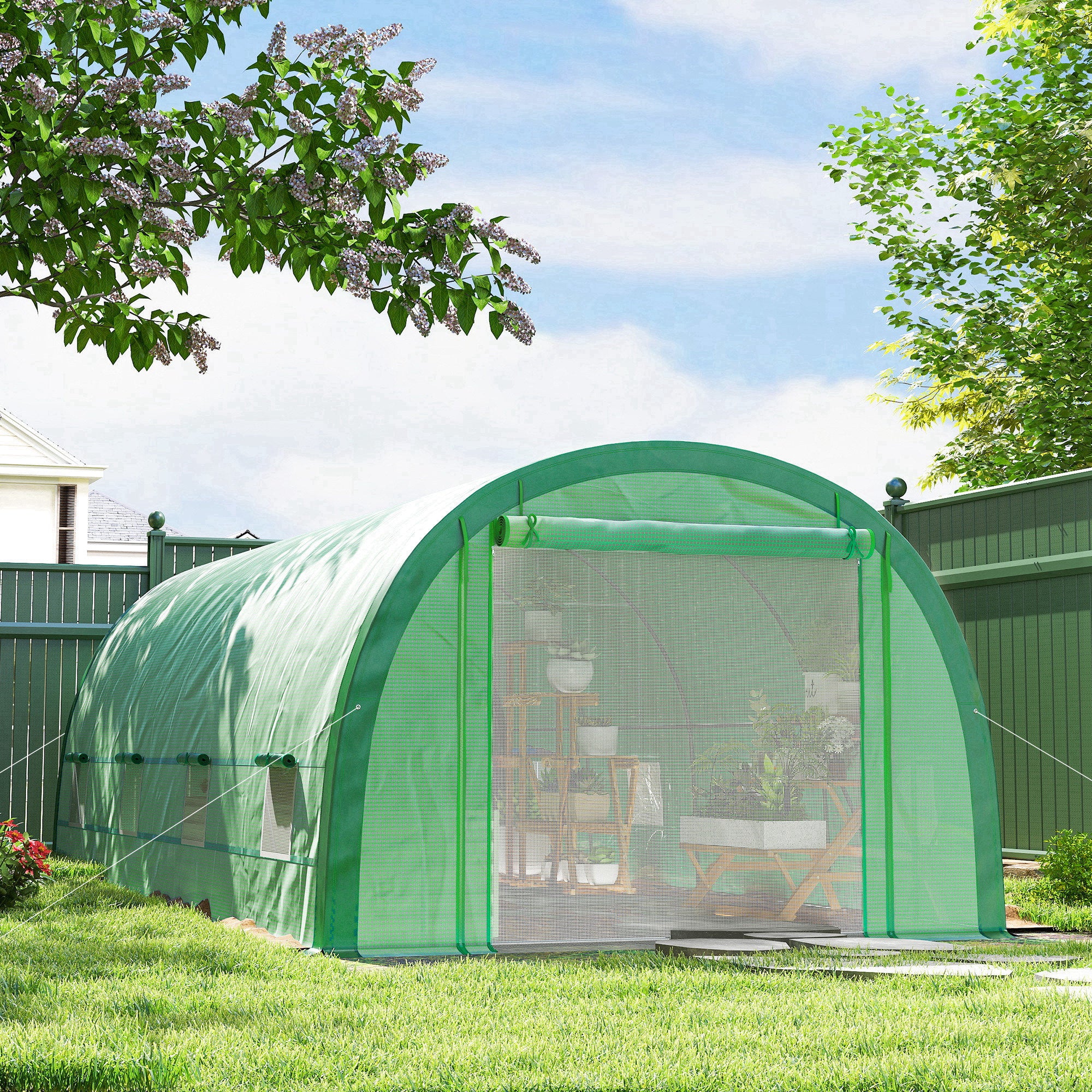 Outsunny 6 x 3(m) Polytunnel Greenhouse with Upgraded Structure, Mesh Door and Windows, 15 Plant Labels, Green