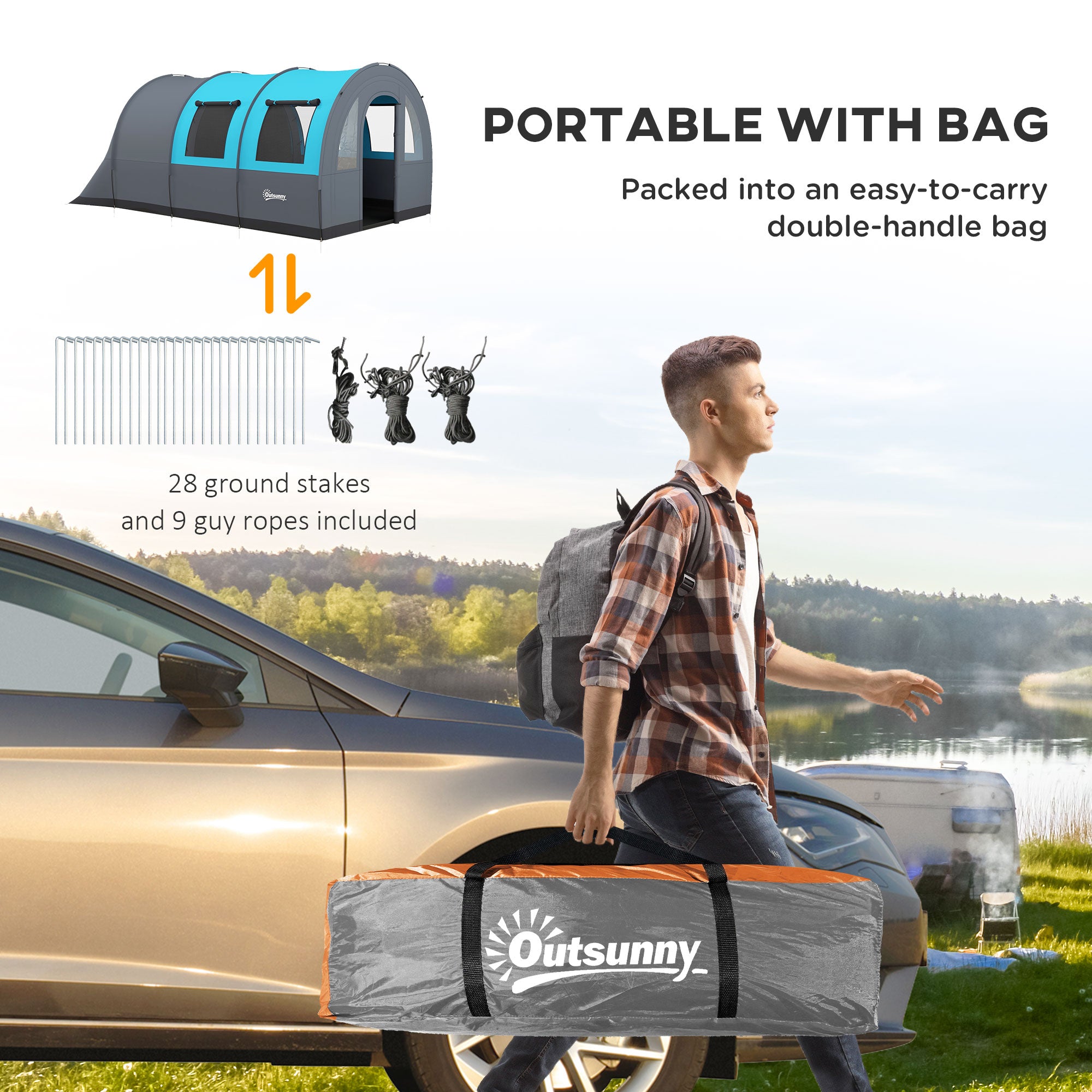 Outsunny Six Man Duo Room Tunnel Tent, with Accessories - Grey/Blue - North Peak Garden Furniture