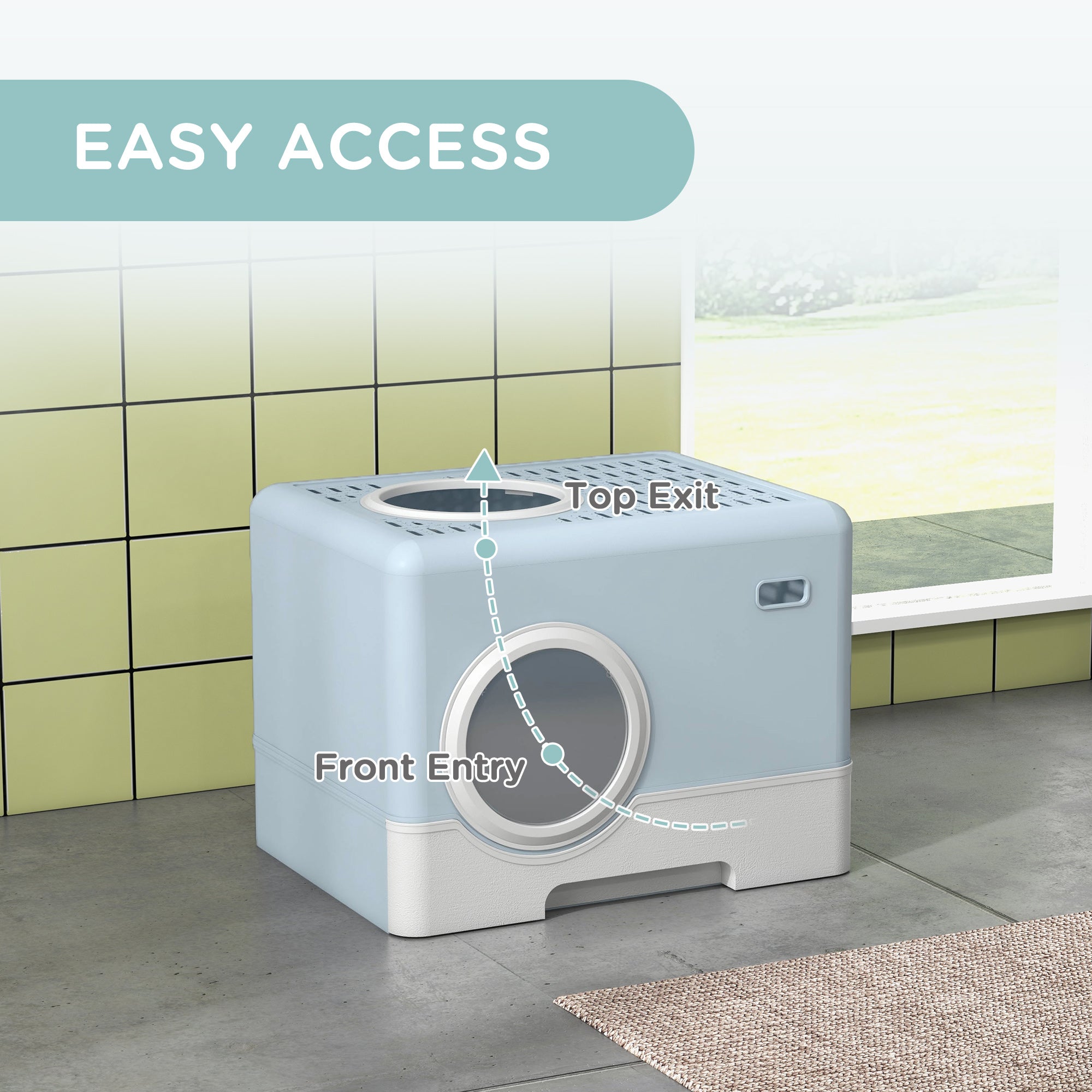 PawHut Enclosed Cat Litter Box, with Lid, Front Entry, Top Exit, Pull-Out Tray, Scoop - Blue - North Peak Garden Furniture