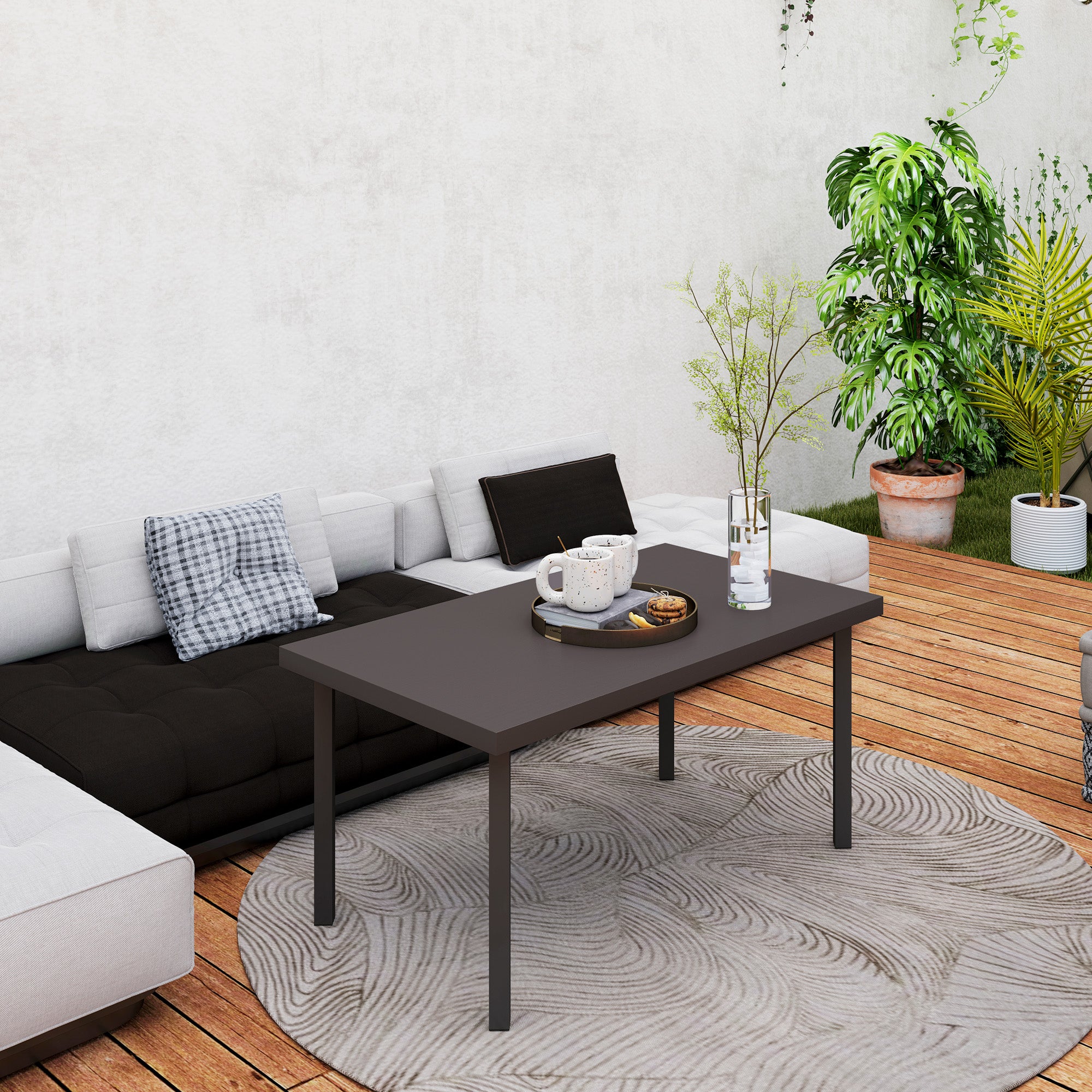 Outsunny Metal Garden Coffee Table, Rectangular Outdoor Side Table with Woodgrain Tabletop, Foot Pads for Outside, Garden, Balcony, Porch, 95 x 55 x 46cm, Brown - North Peak Garden Furniture