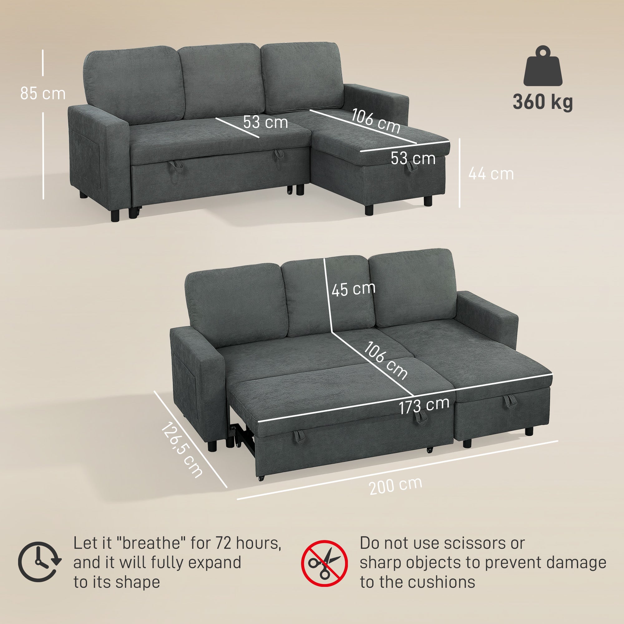 HOMCOM L Sofa Bed, with Storage - Charcoal Grey