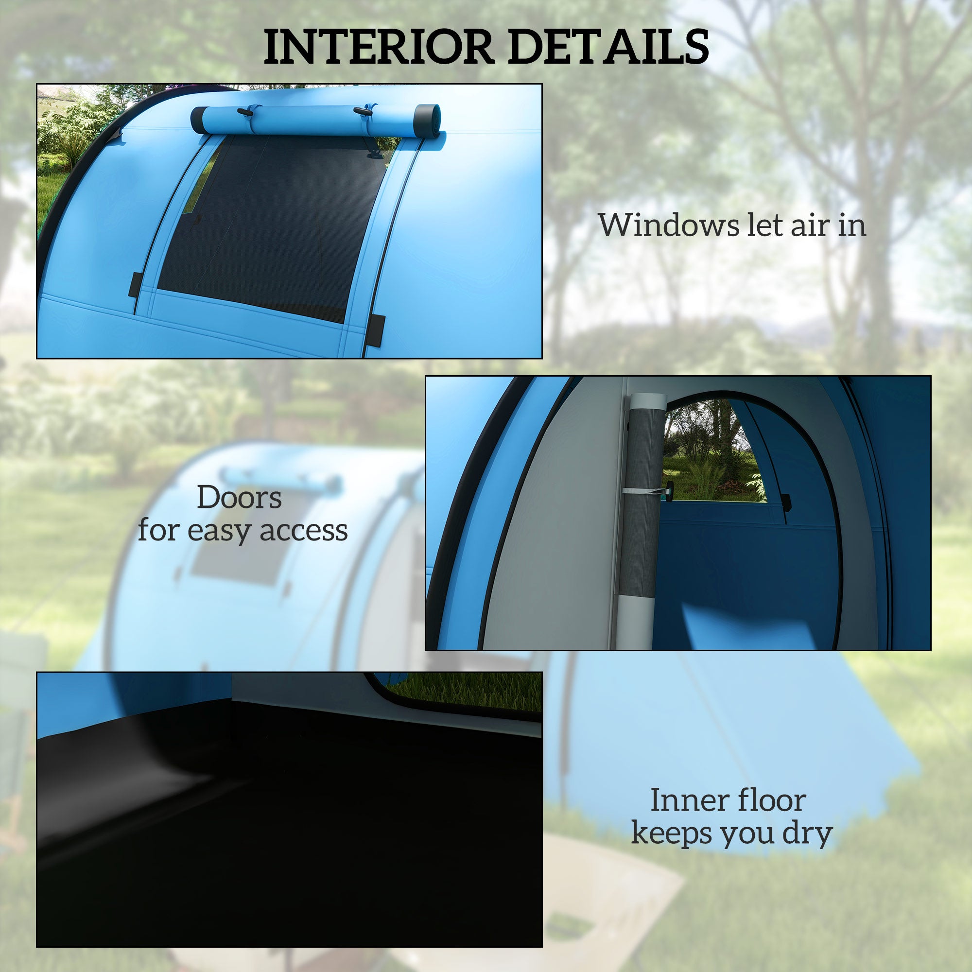 Outsunny Four Man Duo Room Tunnel Tent, with Accessories - Sky Blue - North Peak Garden Furniture