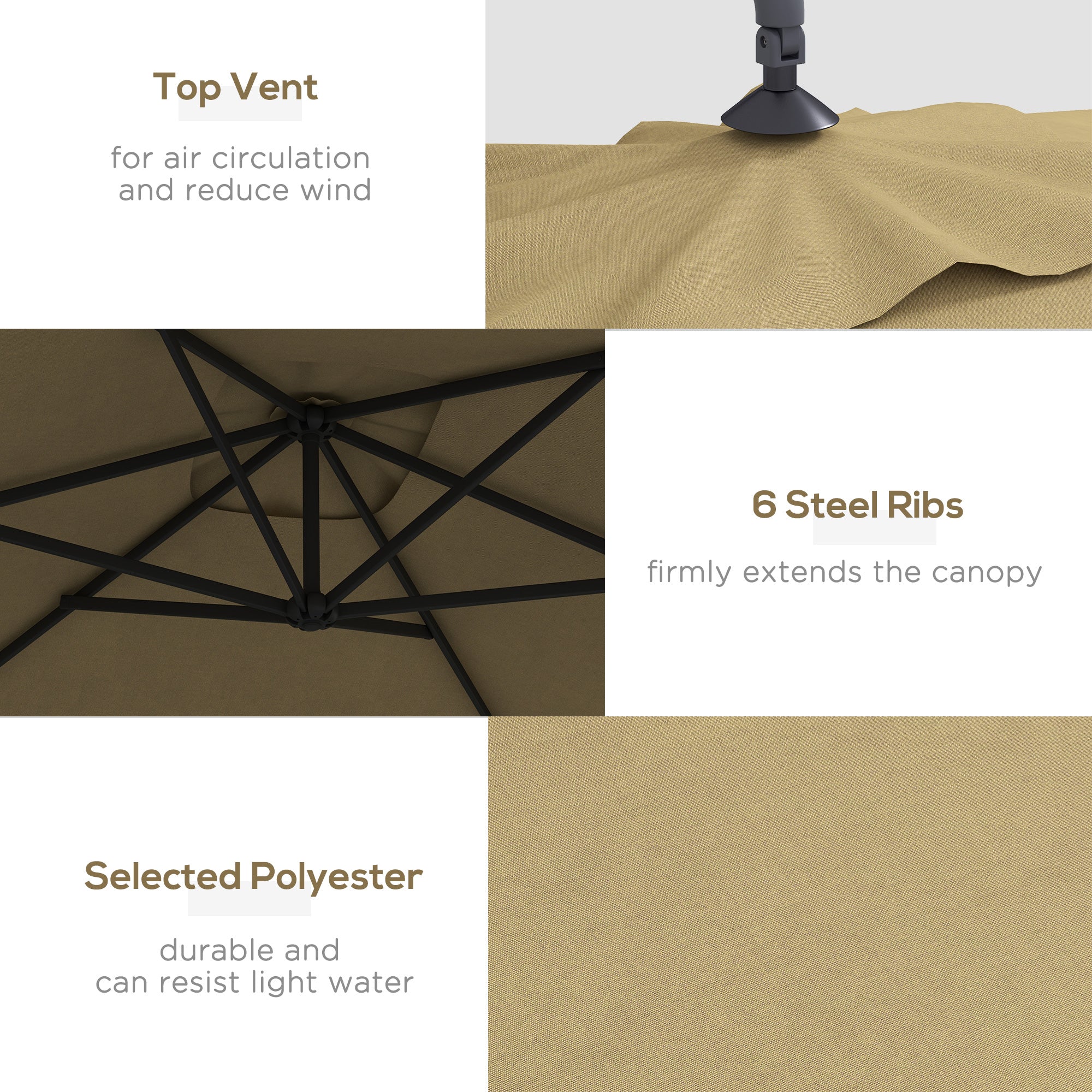 Outsunny 3m Square Canopy Cantilever Parasol, with Cross Base - Brown - North Peak Garden Furniture