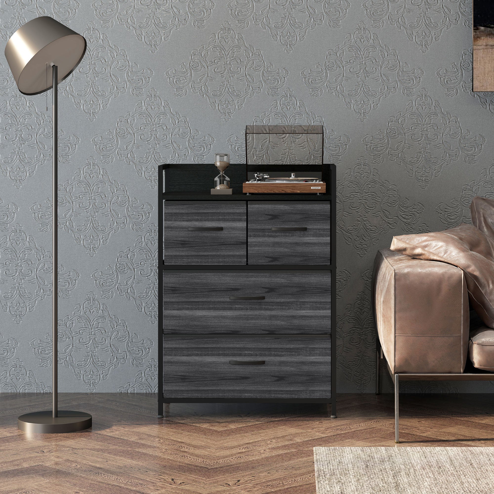 HOMCOM Rustic Chest of Four Fabric Drawers - Black - North Peak Garden Furniture