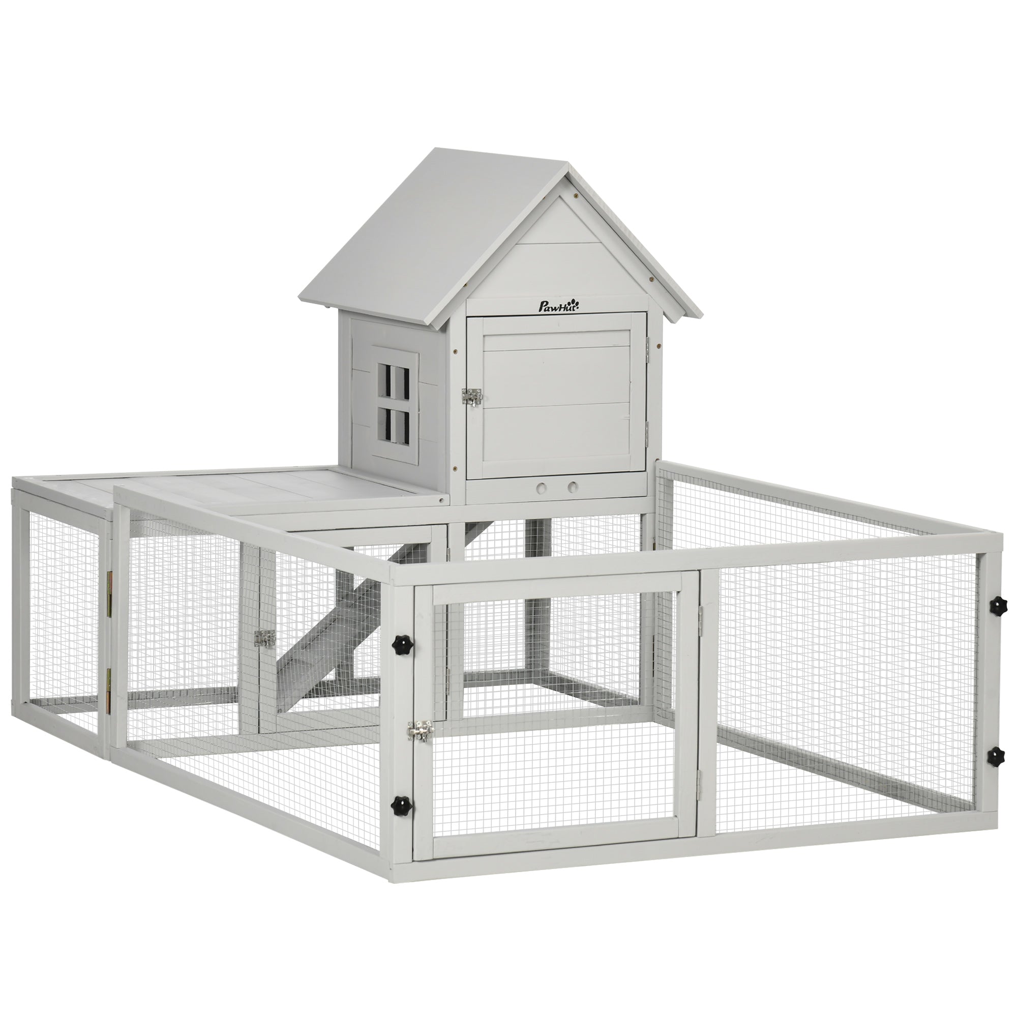 PawHut Indoor Rabbit Hutch, Guinea Pig Cage, with Slide-Out Tray, Large Fenced Area - Light Grey - North Peak Garden Furniture