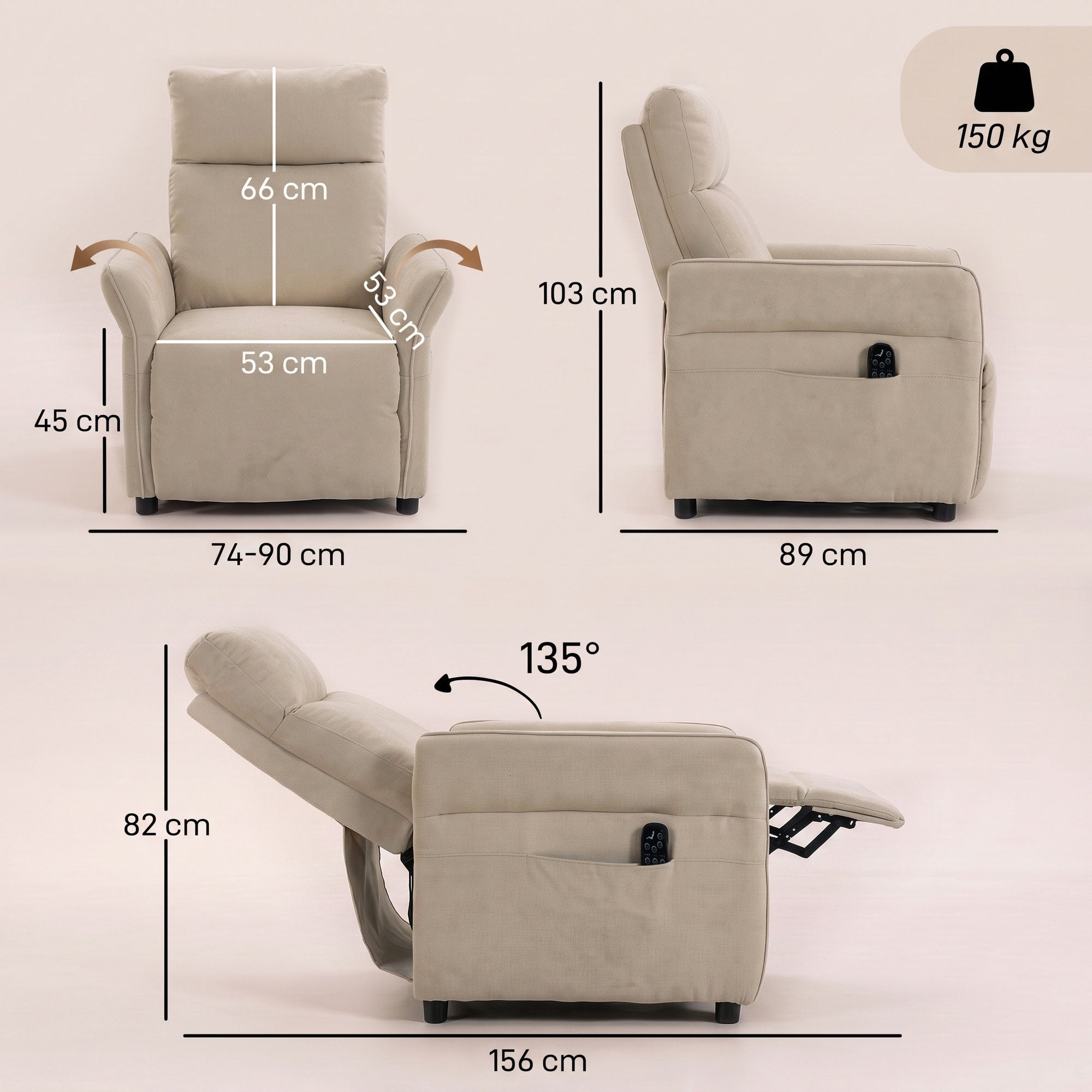 HOMCOM Recliner Armchair, Push Back Recliner Chair with Massage & Heat, Adjustable Armrests, Dual Side Pockets, Beige
