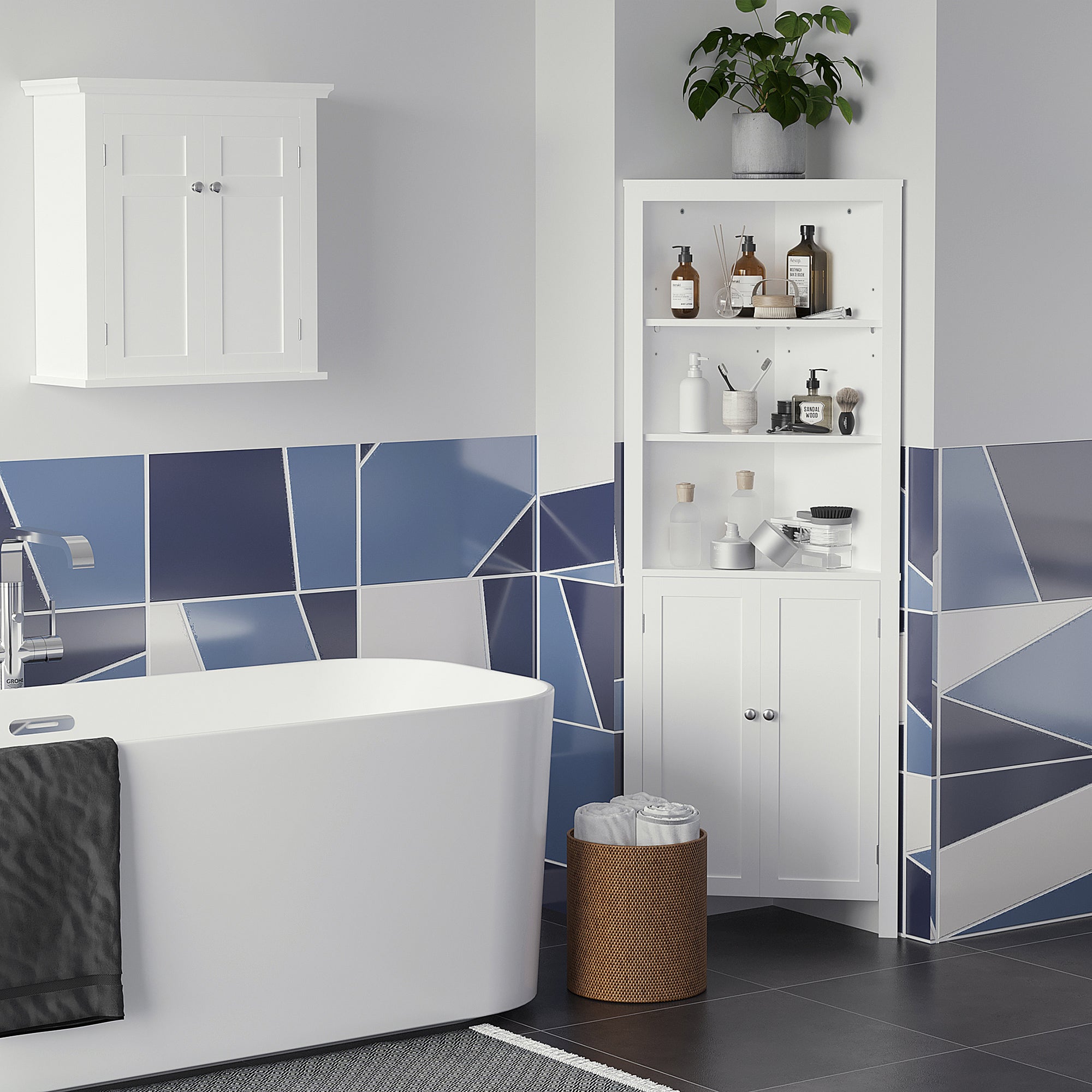 kleankin Triangle Bathroom Cabinet, Corner Bathroom Storage Unit with Cupboard and 3-Tier Shelves, Free Standing, White - North Peak Garden Furniture