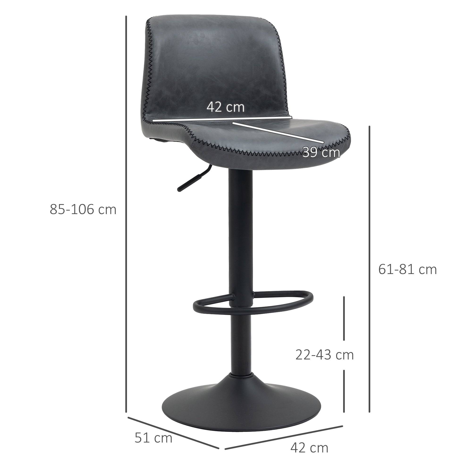HOMCOM Set of 2 Bar Stool Adjustable Height Swivel Footrest and Base for Breakfast Bar, Kitchen and Home, Dark Grey - North Peak Garden Furniture