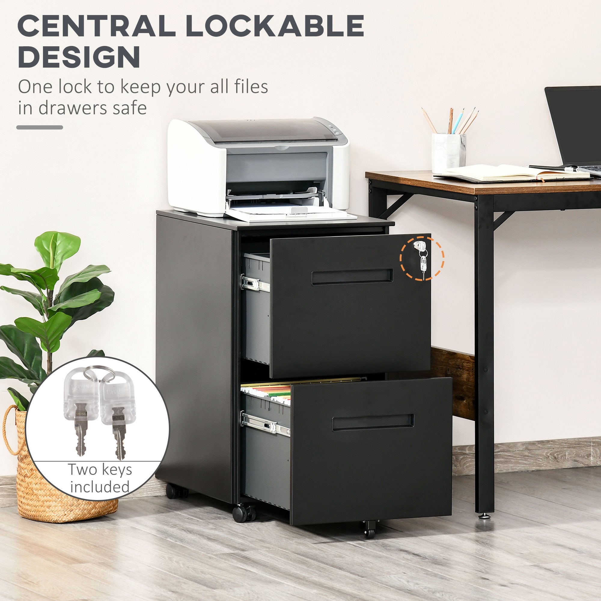 Vinsetto Mobile Steel File Cabinet, 2-Drawer Filing Cabinet, Vertical Lockable Home Office Organizer with Adjustable Partition for A4 Letter Size, Black - North Peak Garden Furniture