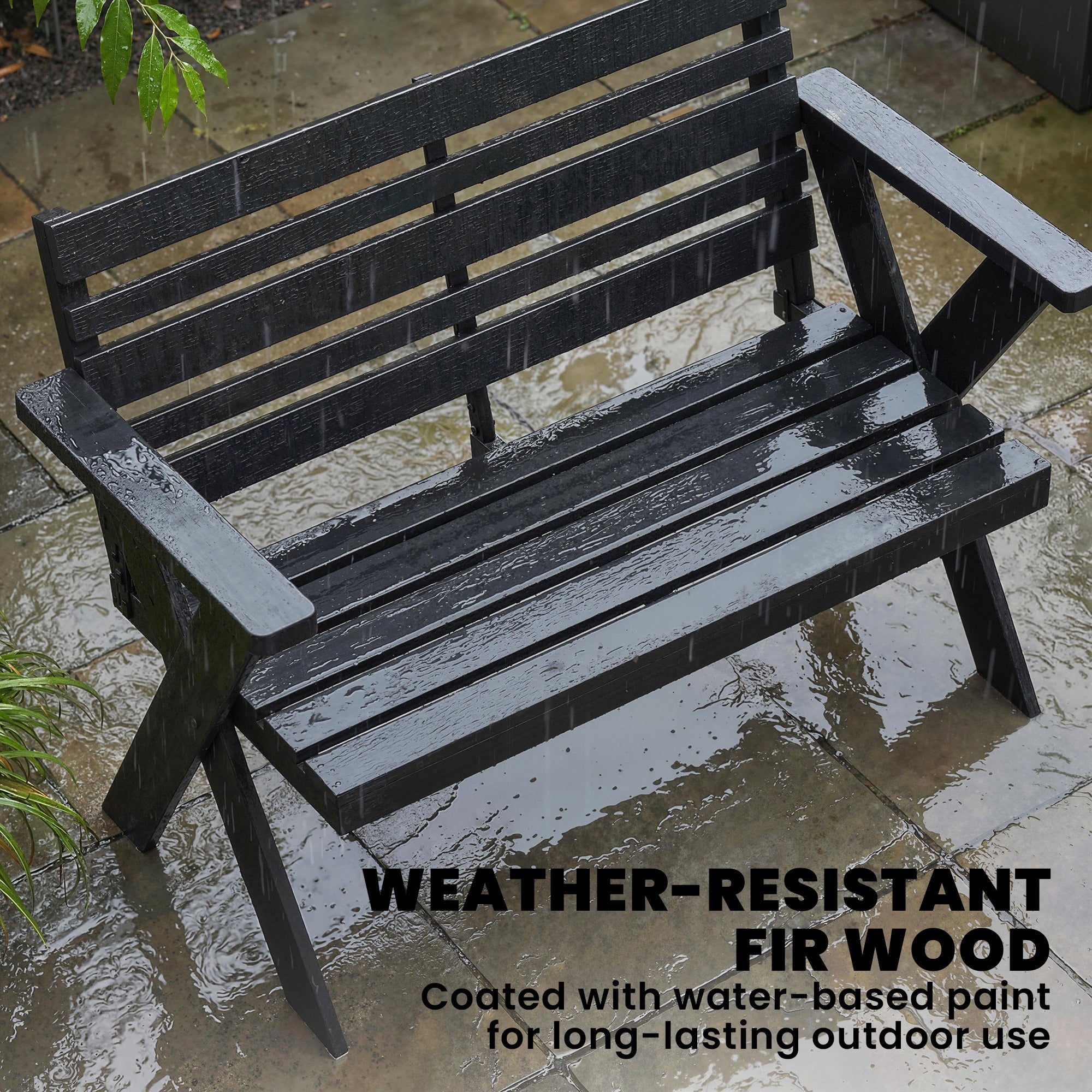 Outsunny 2 Seater Wooden Garden Bench, Slatted Patio Bench with Armrest and Backrest, Black