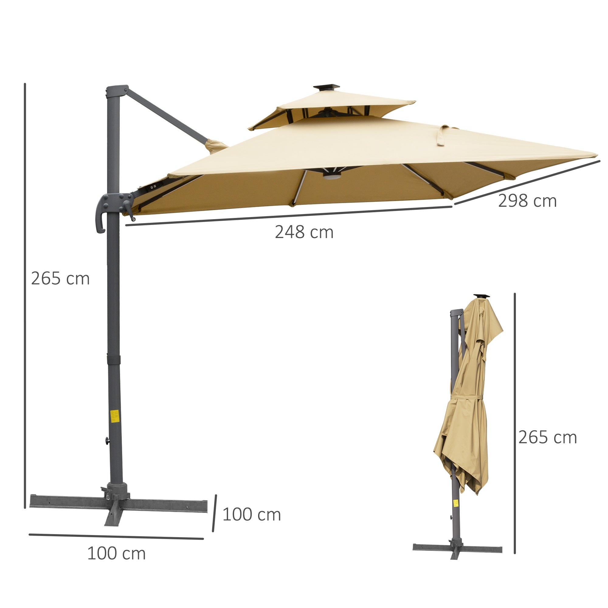 Outsunny 3m Cantilever Parasol, Outdoor Offset Patio Umbrella, Solar LED Lighted Hanging Sun Shade Canopy with Tilt and Crank Handle, Cross Base for Lawn, Khaki