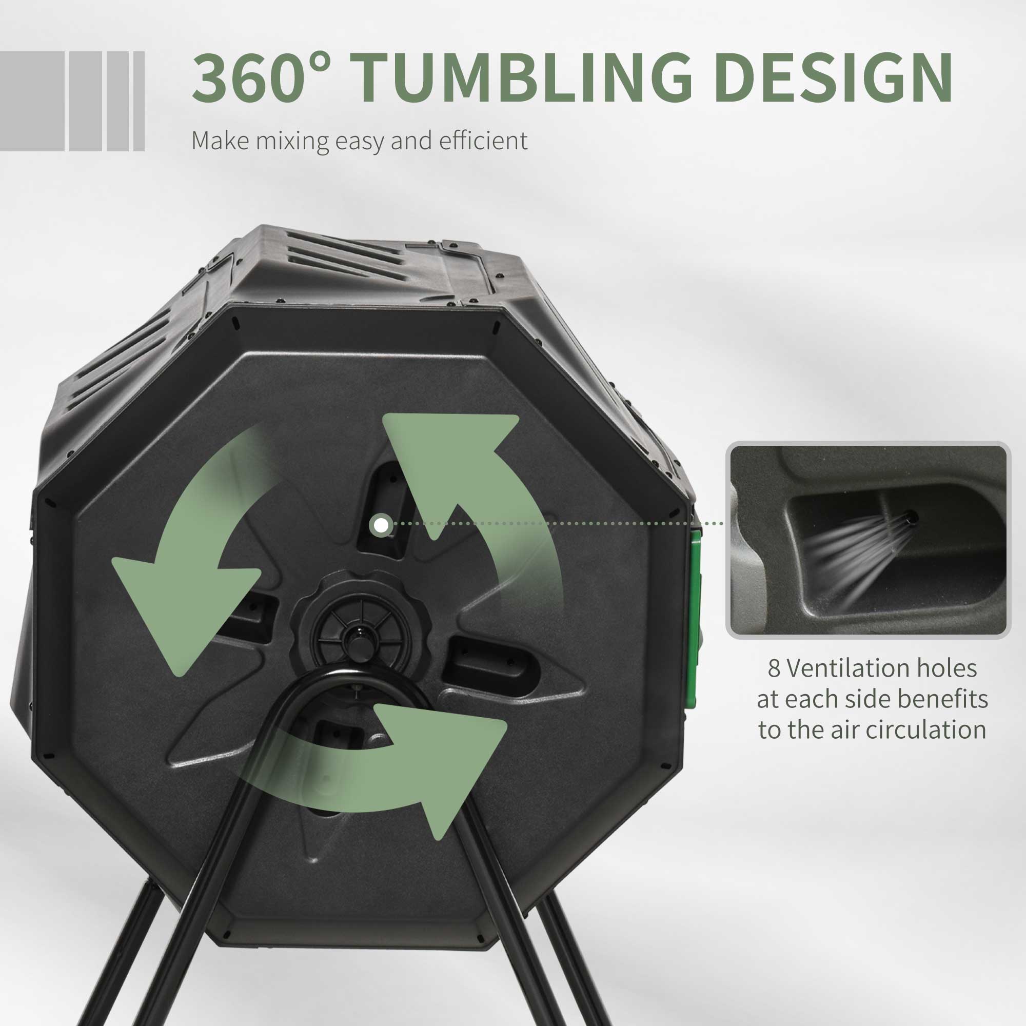 Outsunny 160L Tumbling Compost Bin Outdoor Dual Chamber 360° Rotating Composter, Garden Compost Bin w/ Sliding Doors & Solid Steel Frame, Black - North Peak Garden Furniture