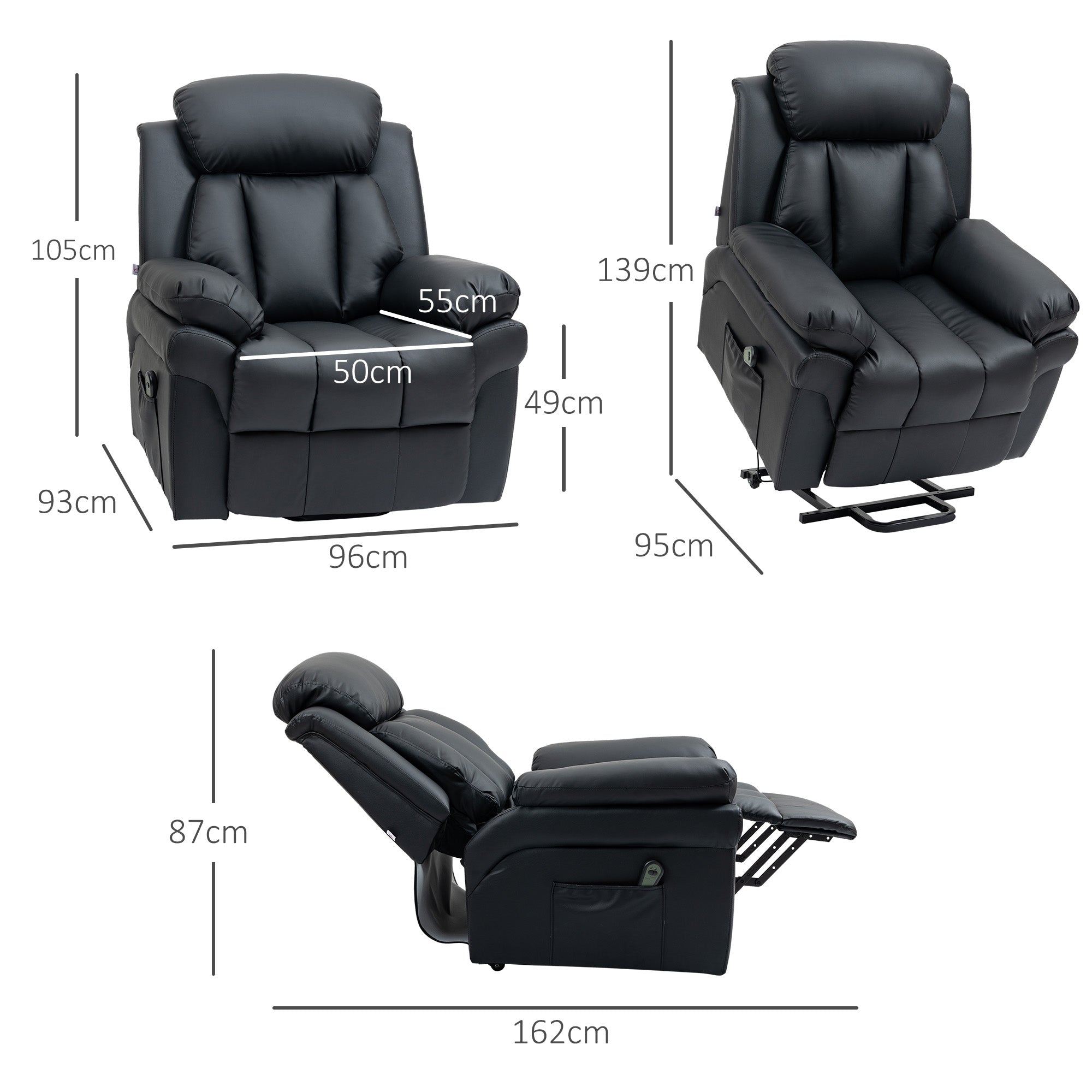 HOMCOM Power Lift Recliner Armchair, Electric Lift Chair for Elderly, Overstuffed Faux Leather, Riser and Reclining Chair with Remote Control, Side Pockets, Extended Footrest, for Living Room, Black