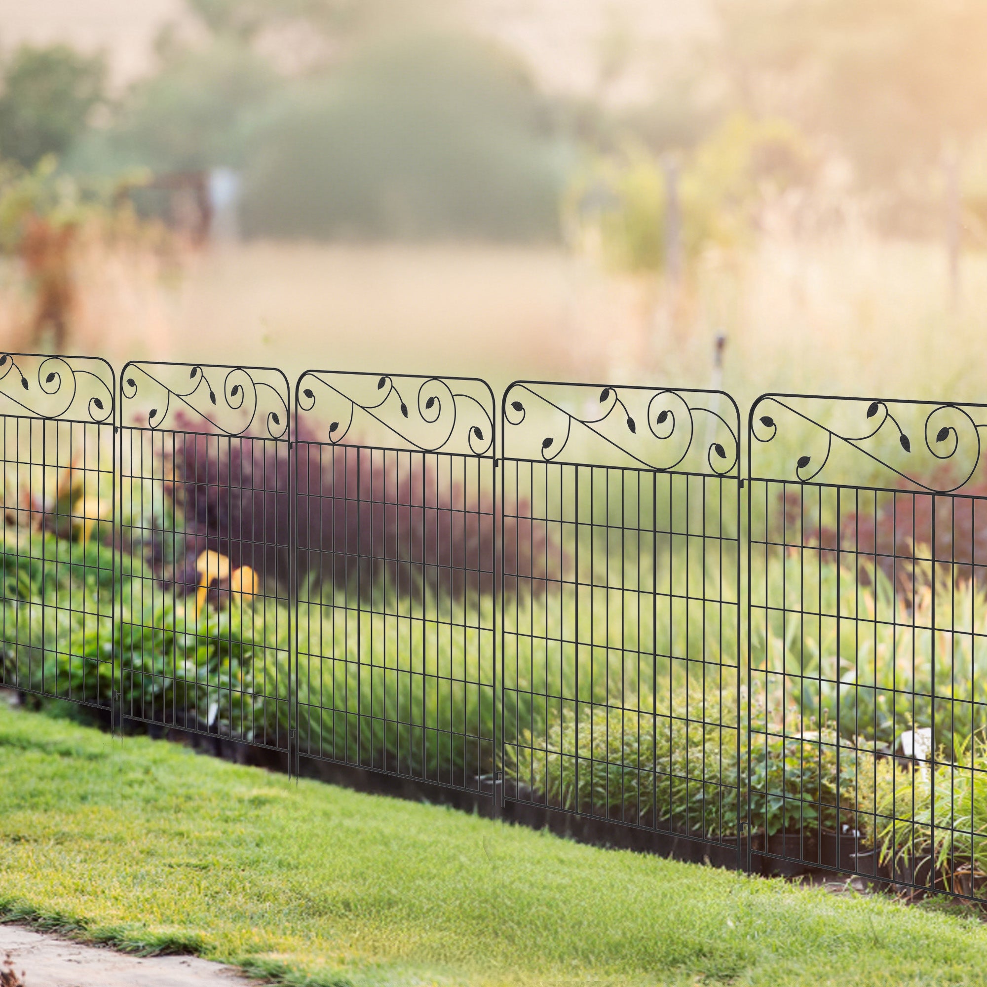 Outsunny Decorative Garden Fencing, 4PCs 43in x 11.5ft Outdoor Picket Fence Panels, Rustproof Metal Wire Landscape Flower Bed Border Edging Animal Barrier, Black - North Peak Garden Furniture