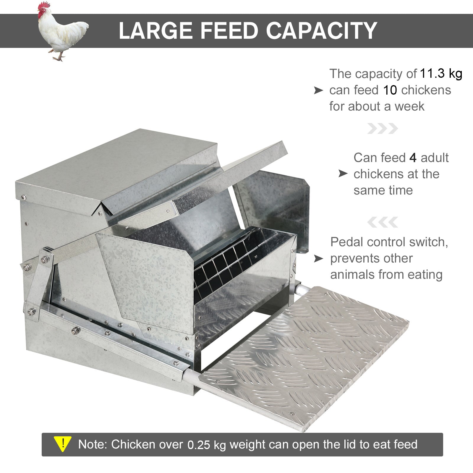 PawHut 11.5KG Automatic Chicken Poultry Feeder Rat Proof Treadle Self Opening with Galvanized Steel and Aluminium - North Peak Garden Furniture