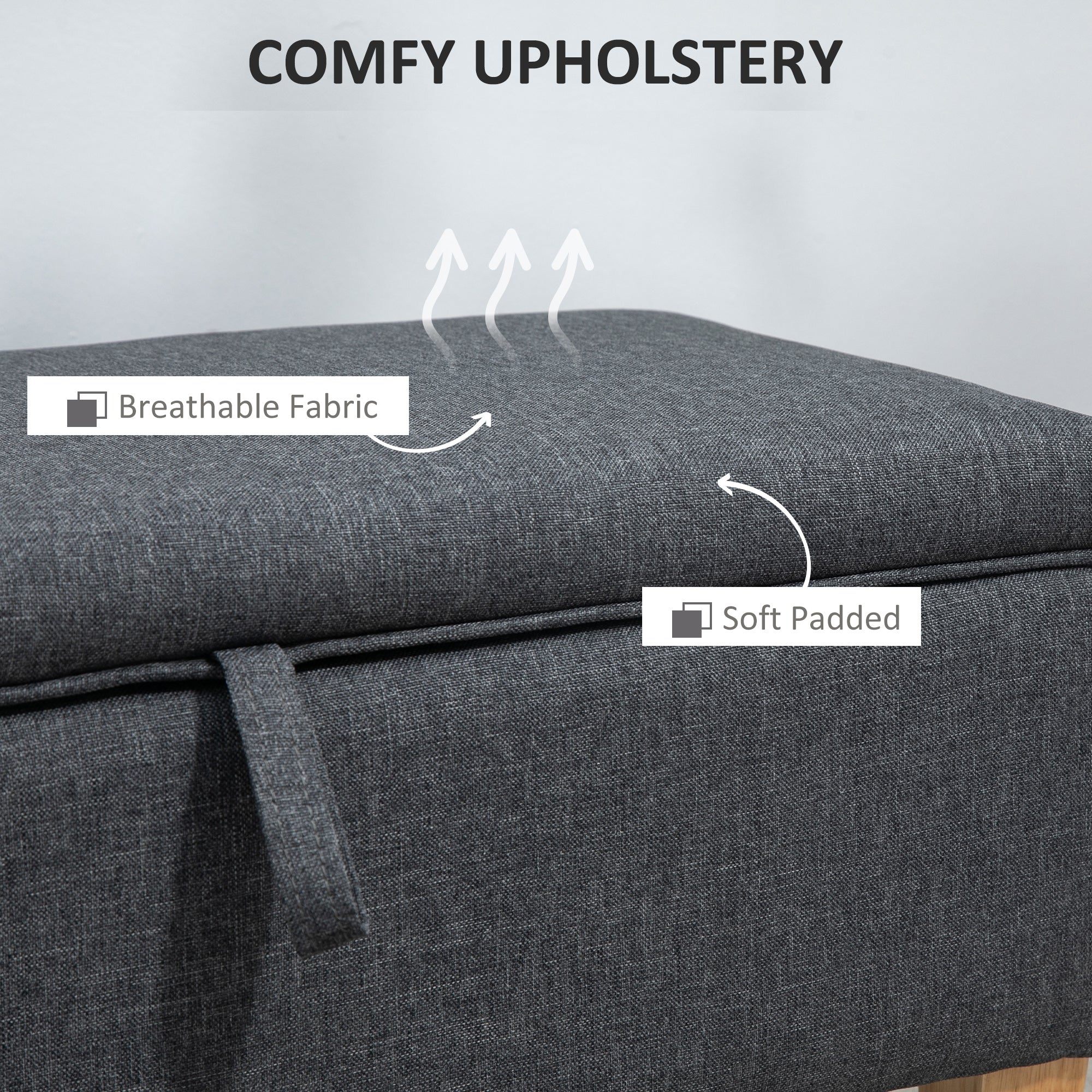 HOMCOM Linen Storage Ottoman Padded Footstool with Rubberwood Legs Ideal for Bed End, Shoe Bench, Seating, Dark Grey - North Peak Garden Furniture