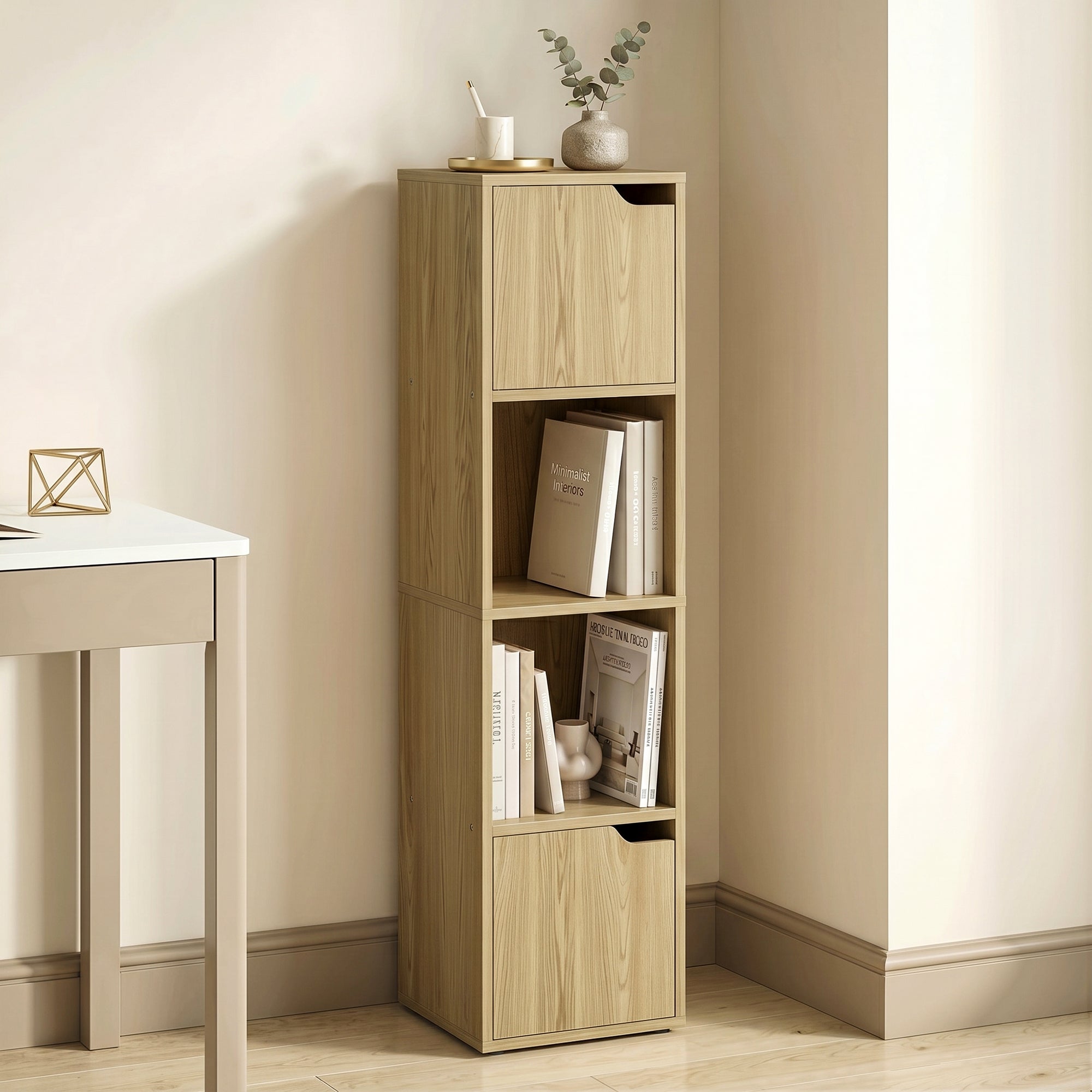 HOMCOM Narrow Bookcase, 4-Tier Bookshelf, Storage Cabinet with doors for Living Room, Bedroom, Oak