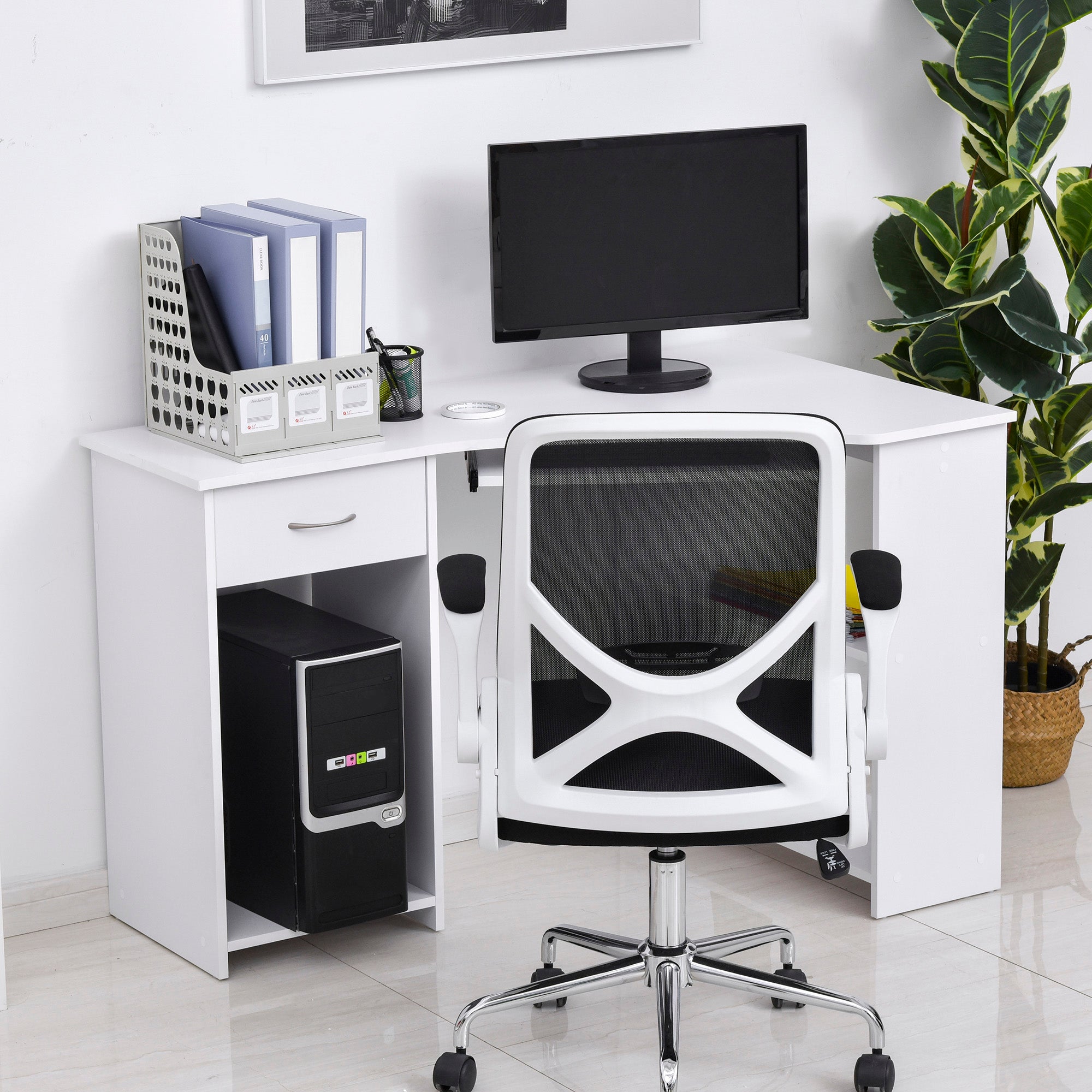 HOMCOM L-Shaped Corner Computer Desk w/ 2 Shelves Wide Worktop Keyboard Tray Drawer & CPU Stand Home Office Study Bedroom Furniture White - North Peak Garden Furniture