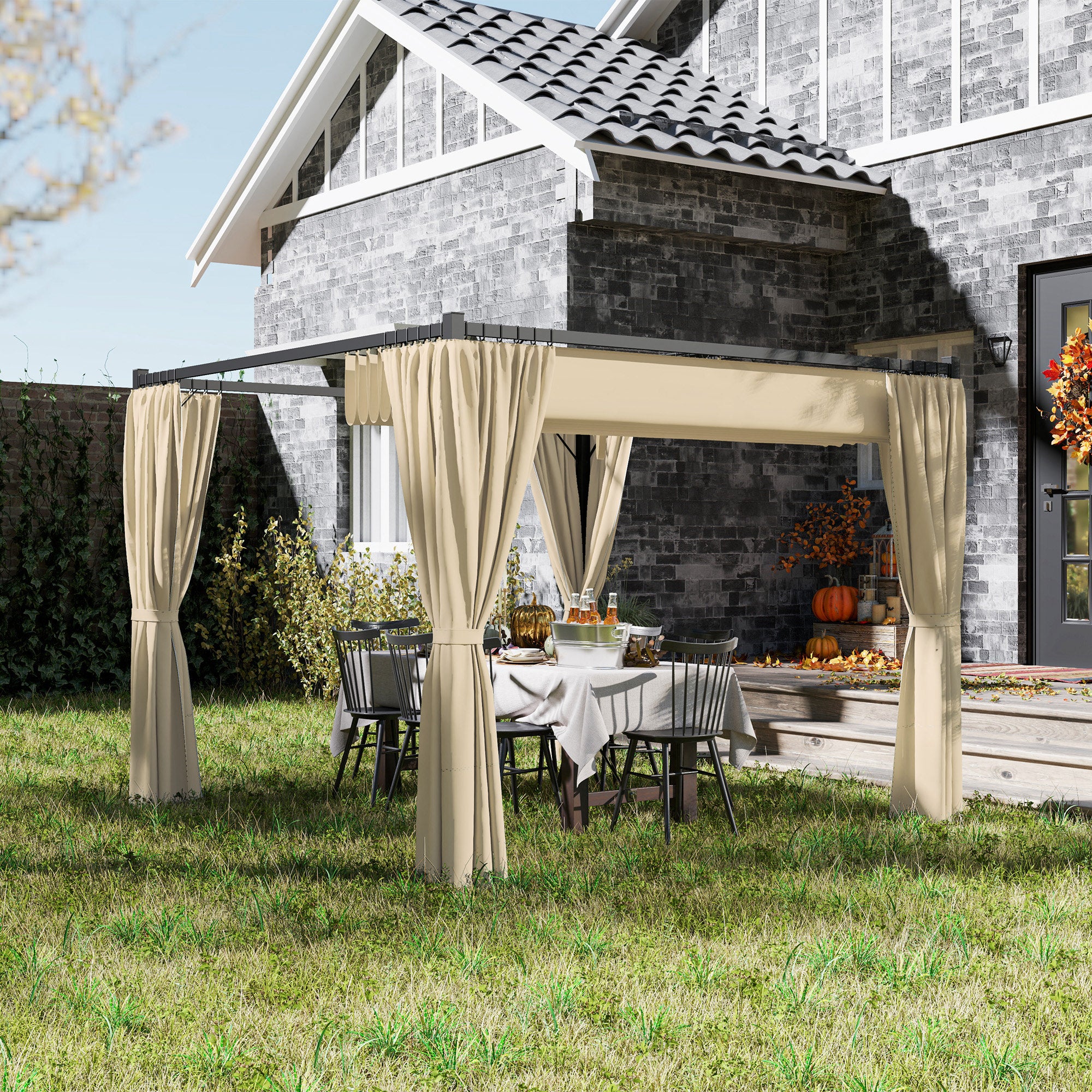 Outsunny 3 x 3m Retractable Roof Pergola, with Curtains - Khaki - North Peak Garden Furniture