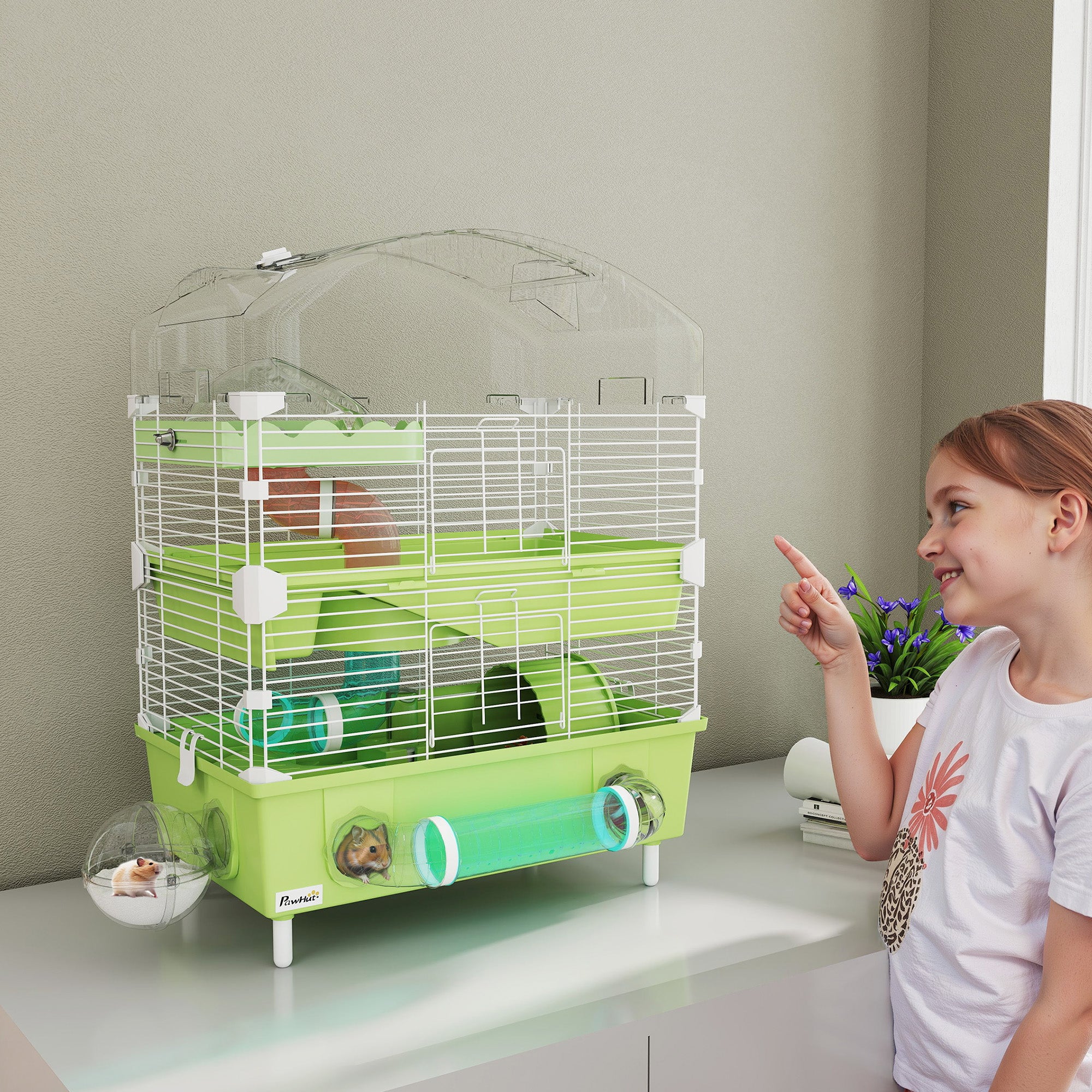 PawHut 3-Tier Hamster Cage with Transparent Top, Sand Bathroom, Exercise Wheel, Hideout Room, Tubes, 45 x 28 x 60 cm, Green - North Peak Garden Furniture