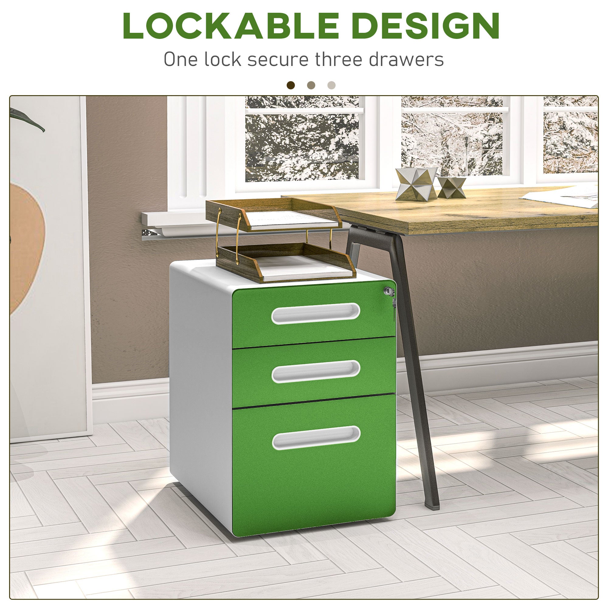 Vinsetto 3 Drawer Filing Cabinet, Steel Lockable File Cabinet with Lock and Wheels, for A4, Letter, Legal Sized Files, Green - North Peak Garden Furniture