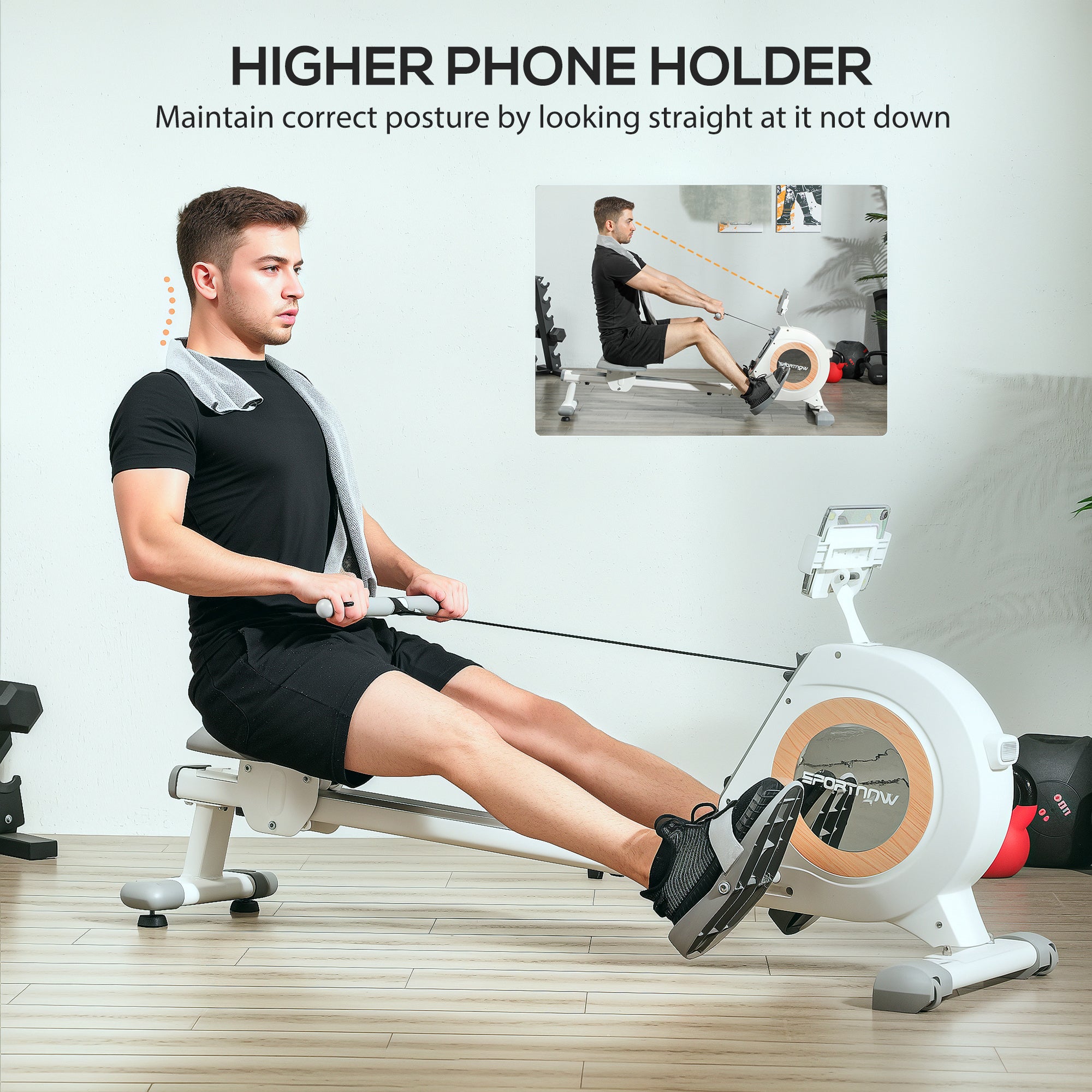 SPORTNOW Rowing Machine, 16-Level Magnetic Rower Machine with LCD Monitor and Phone Holder, Vertical Storage, for Home Gym Cardio Training, 150kg Weight Capacity, White - North Peak Garden Furniture