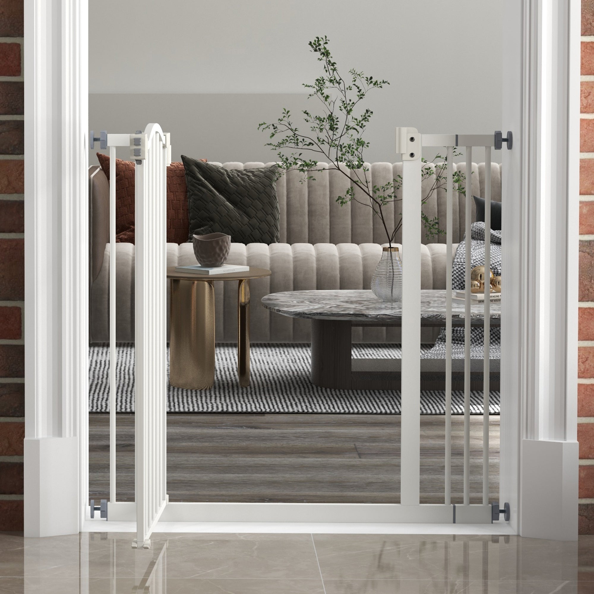 PawHut Metal 74-87cm Adjustable Pet Gate Safety Barrier w/ Auto-Close Door White - North Peak Garden Furniture
