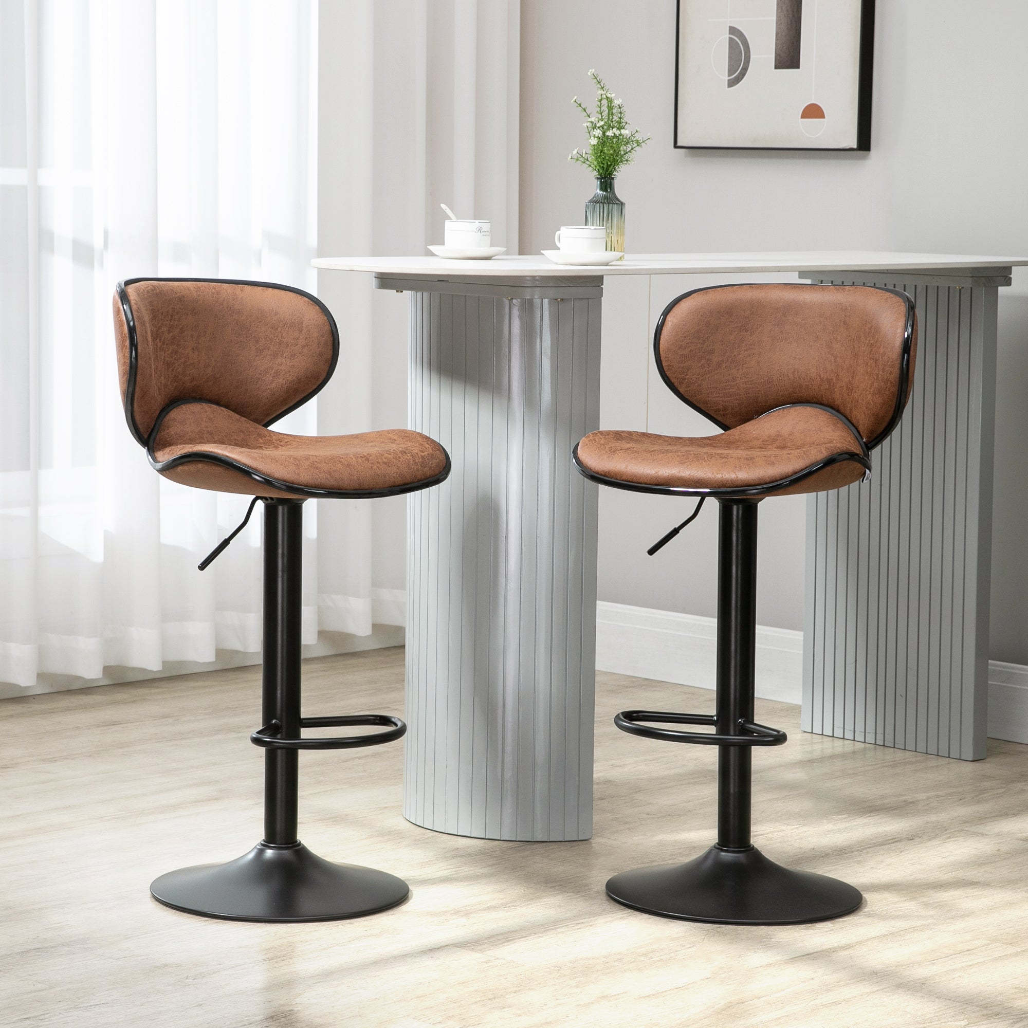 HOMCOM Bar Stool Set of 2 Microfiber Cloth Adjustable Height Armless Chairs with Swivel Seat, Brown - North Peak Garden Furniture