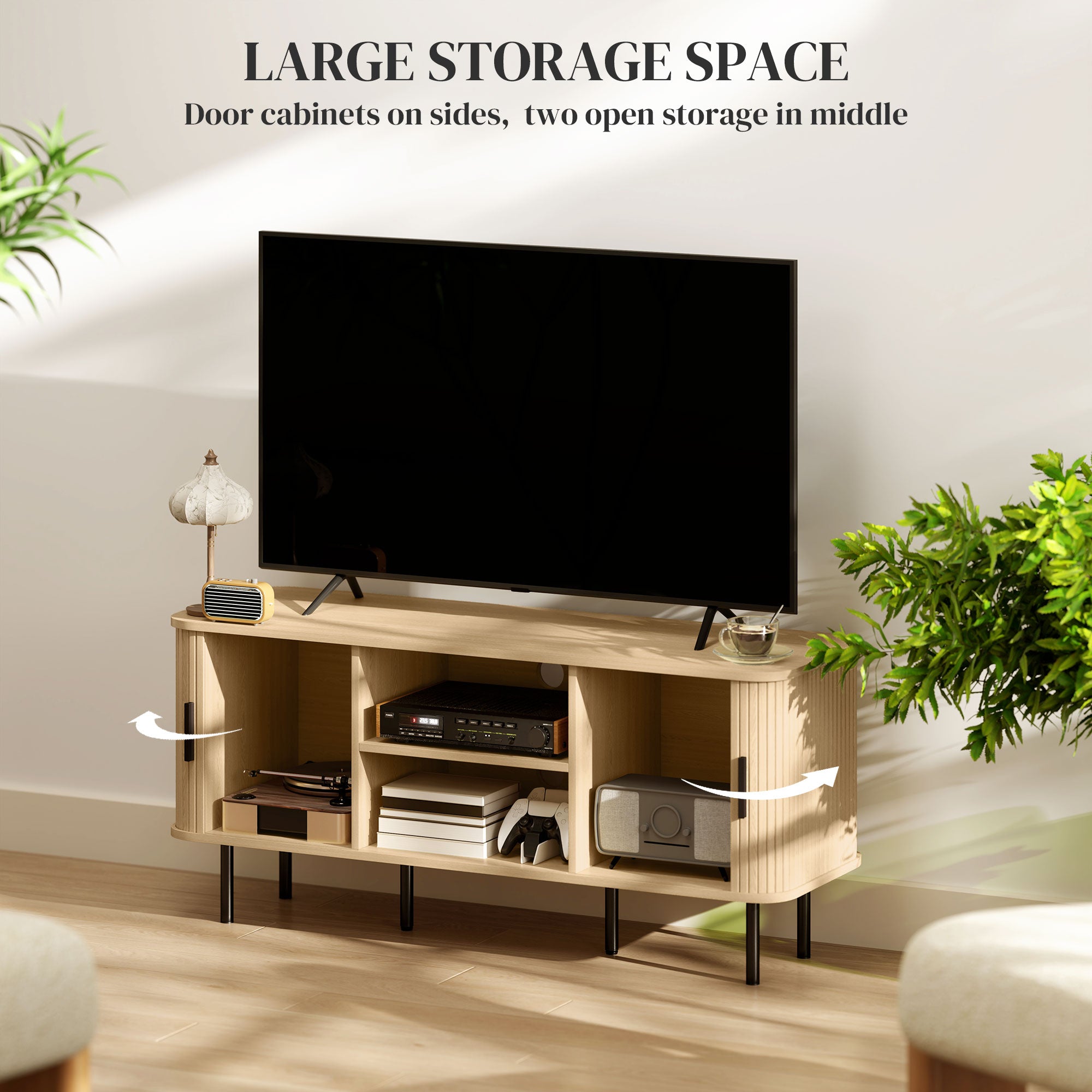 HOMCOM TV Stand Cabinet for TVs up to 55 Inches, TV Unit with Storage Shelves and Cupboard for Living Room, Oak Tone - North Peak Garden Furniture