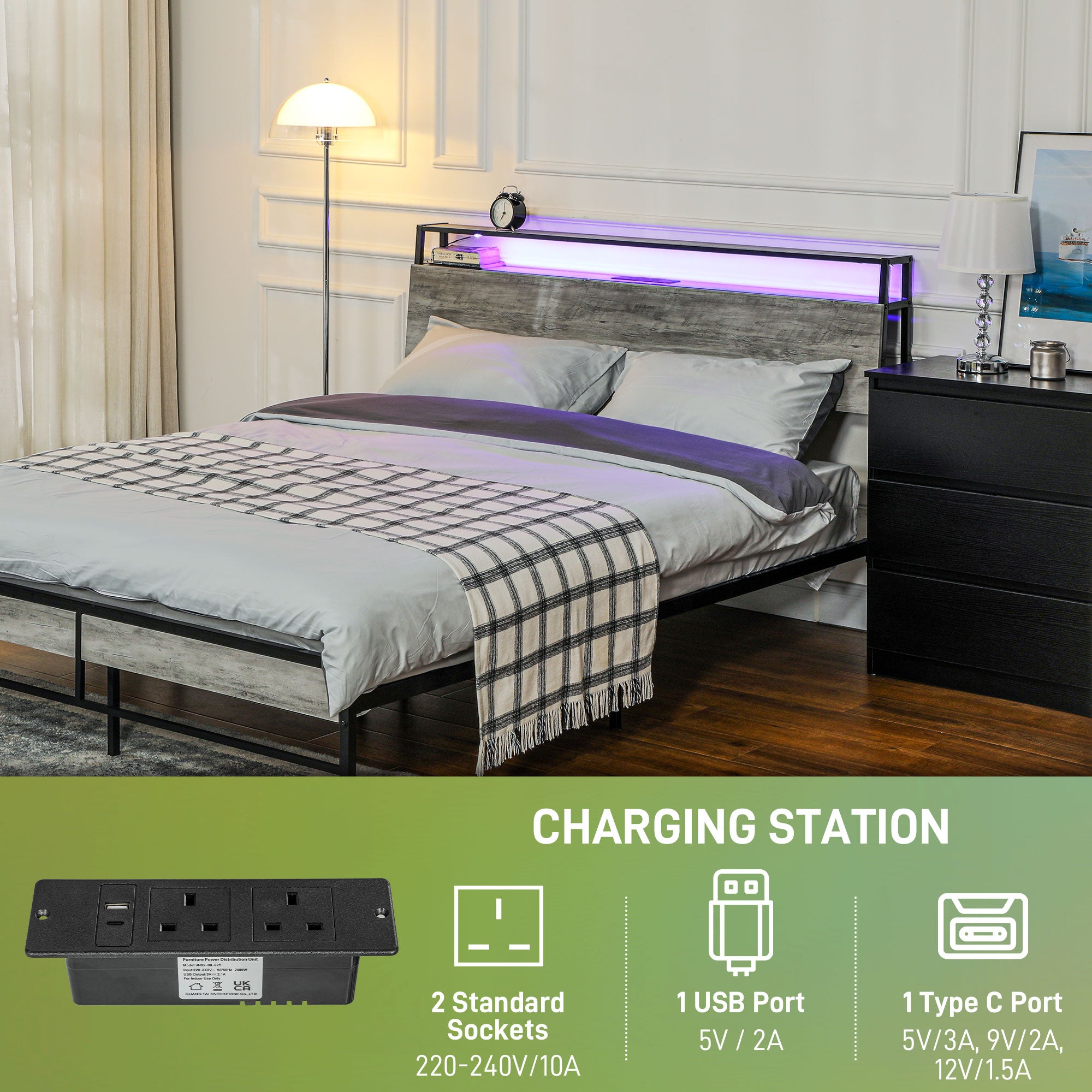 HOMCOM King Steel Bed Frame, with LED Lights and Headboard Shelf - Grey - North Peak Garden Furniture
