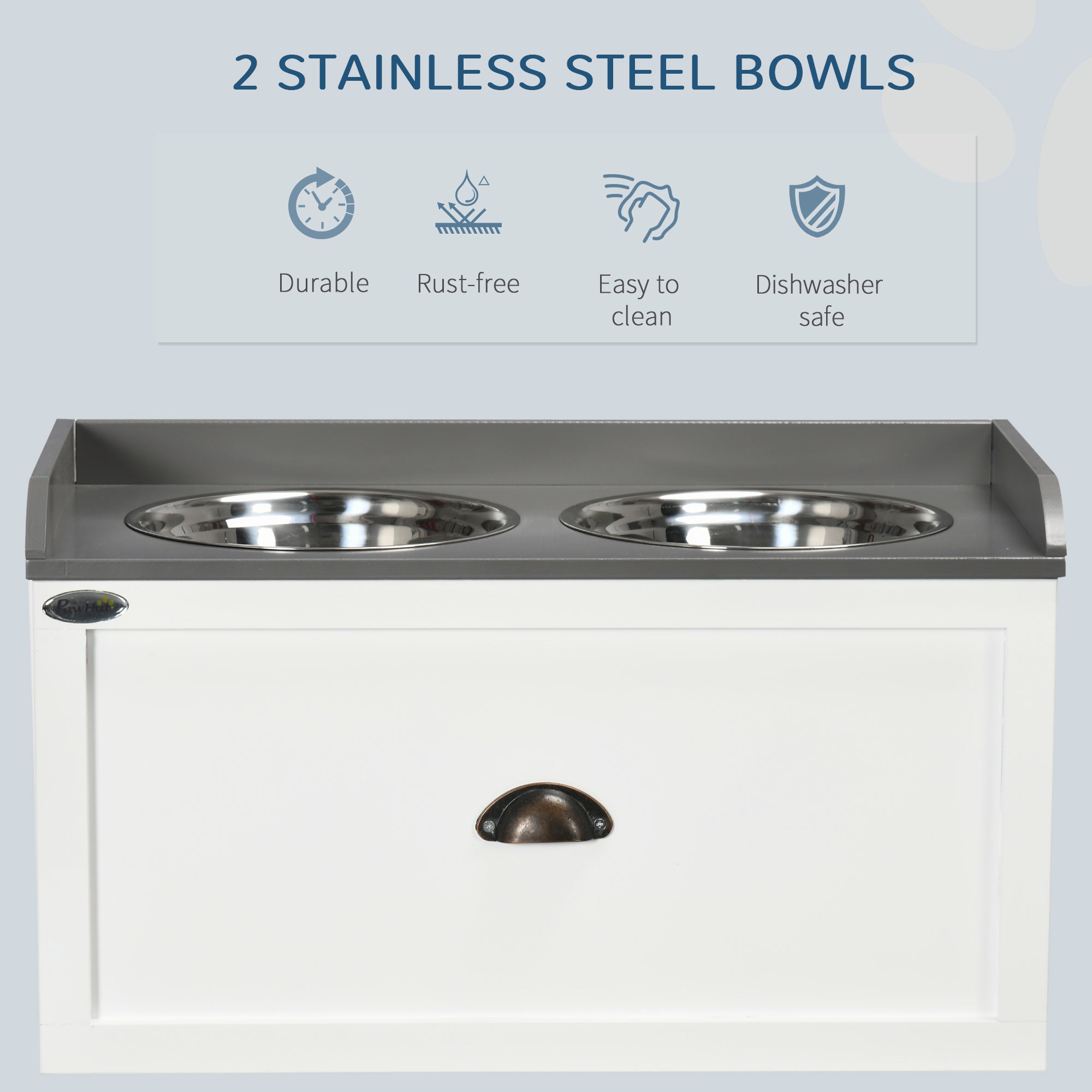 PawHut Stainless Steel Raised Dog Bowls, with 21L Storage Drawer for Large Dogs and Cats - White - North Peak Garden Furniture
