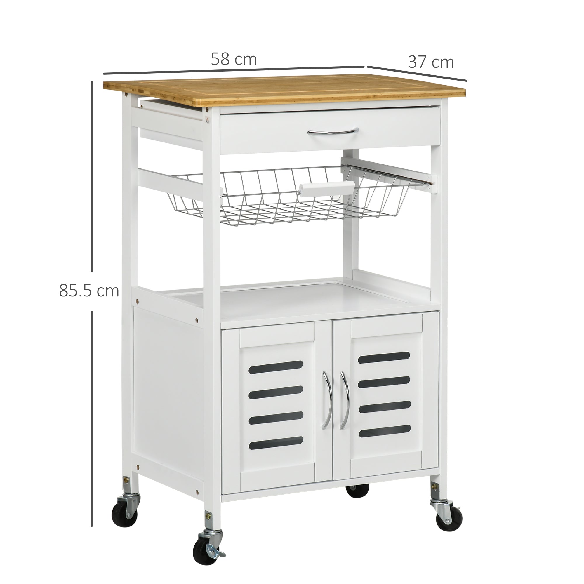 HOMCOM Rolling Kitchen Island Trolley Utility Cart on Wheels with Bamboo Table Top, Storage Cabinet, Drawer and Wire Basket - North Peak Garden Furniture