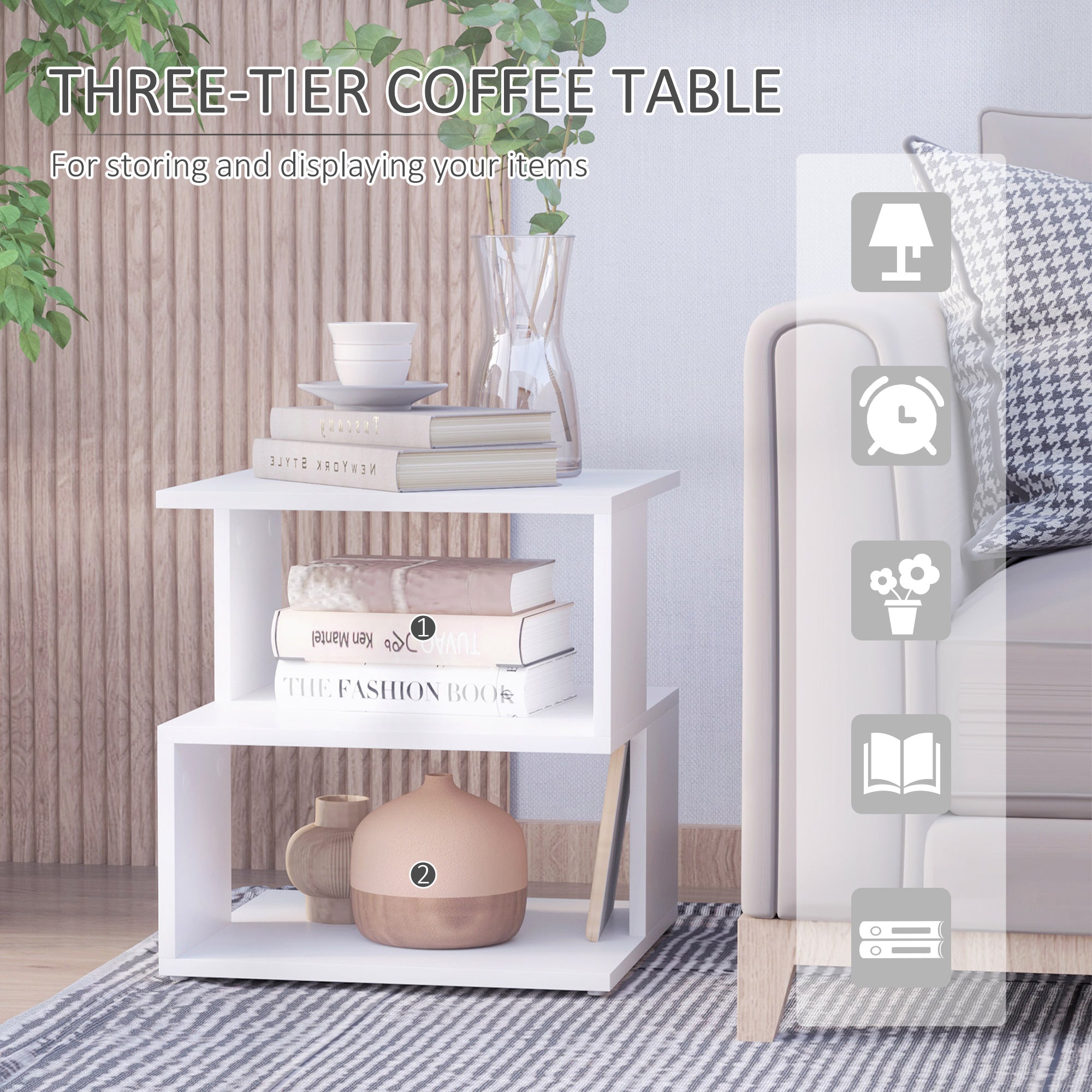 HOMCOM Set of 2 Side Table, Square Coffee Table, Modern End Table with 2 Tier Storage Shelves for Living Room, Bedroom, White