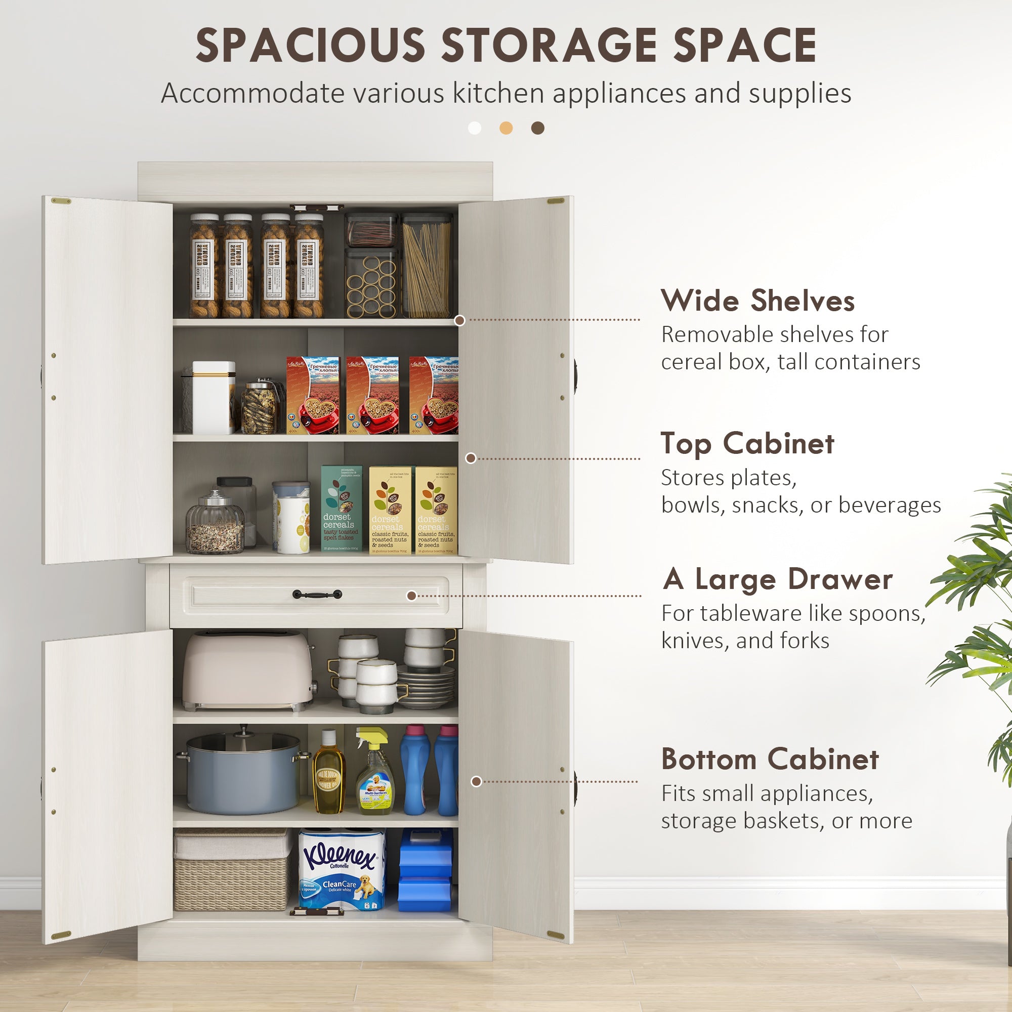 HOMCOM Kitchen Cupboard with 4 Doors, Freestanding Storage Cabinet with Wide Drawer and Shelves for Living Room, 180cm, White Wood Grain - North Peak Garden Furniture
