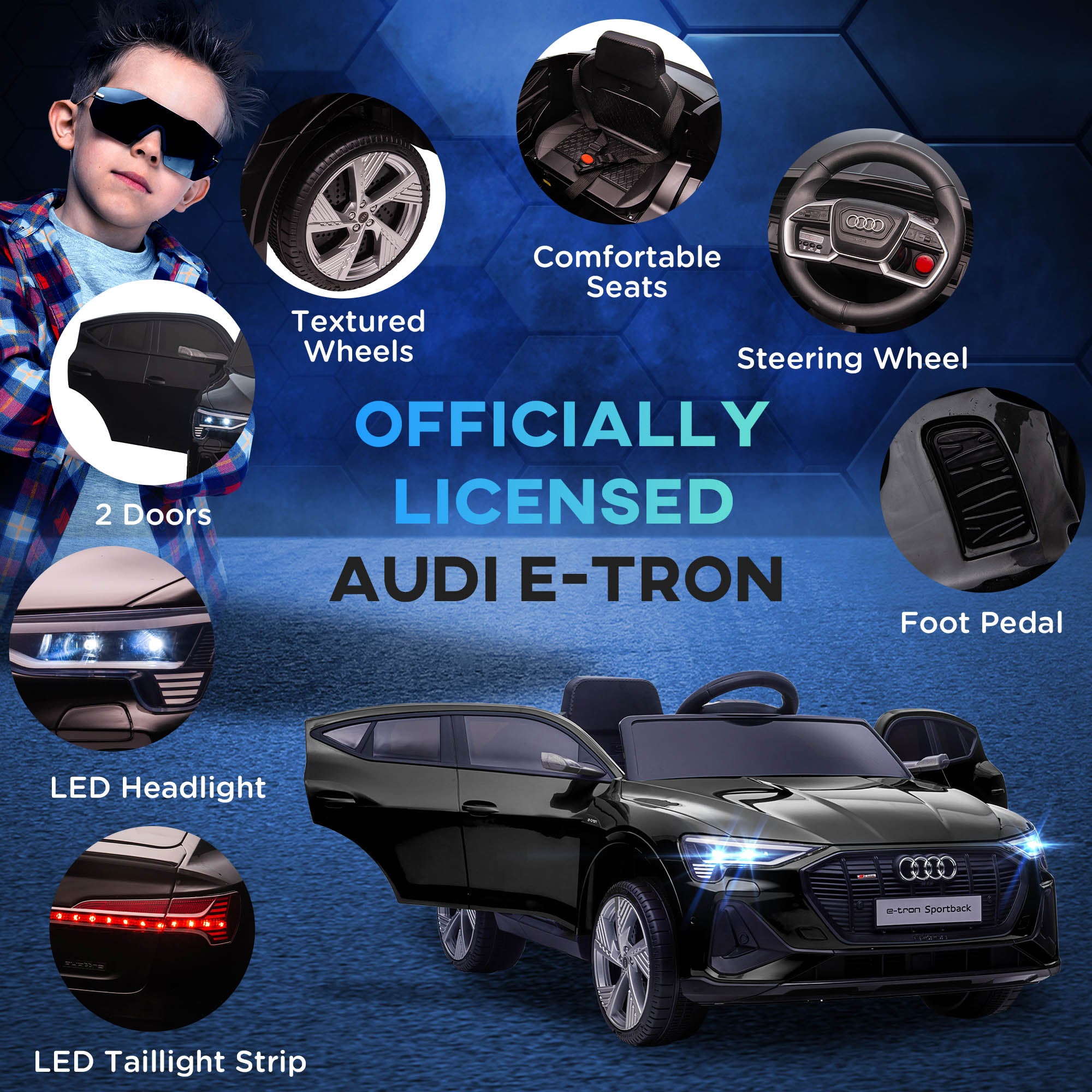 HOMCOM Audi E-tron Licensed 12V Kids Electric Ride On Car with Parental Remote Music Lights MP3 Suspension Wheels for 3-5 Years Black - North Peak Garden Furniture