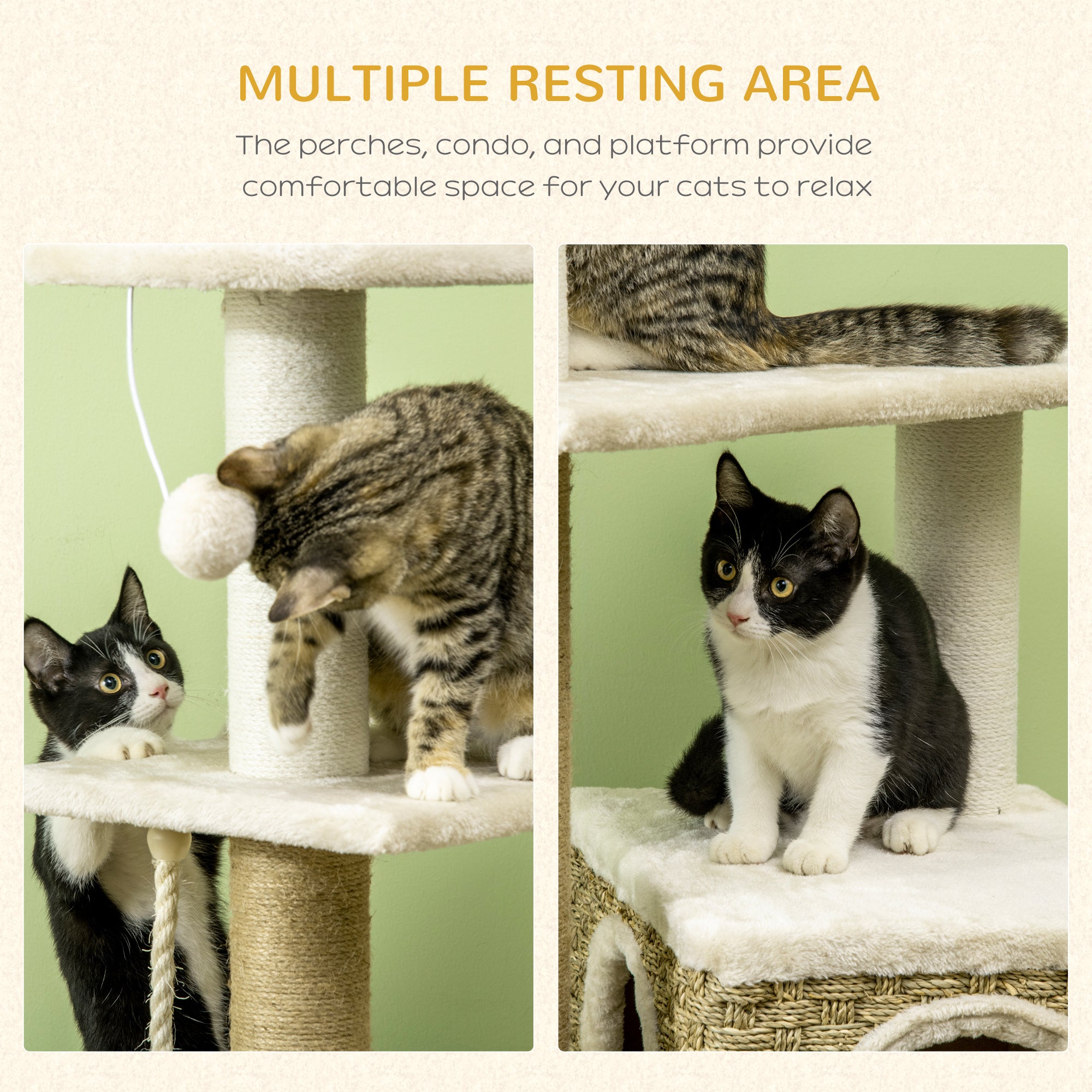 PawHut Cat Tree, with Scratching Post, Cat House & Hanging Toy Ball - Beige - North Peak Garden Furniture