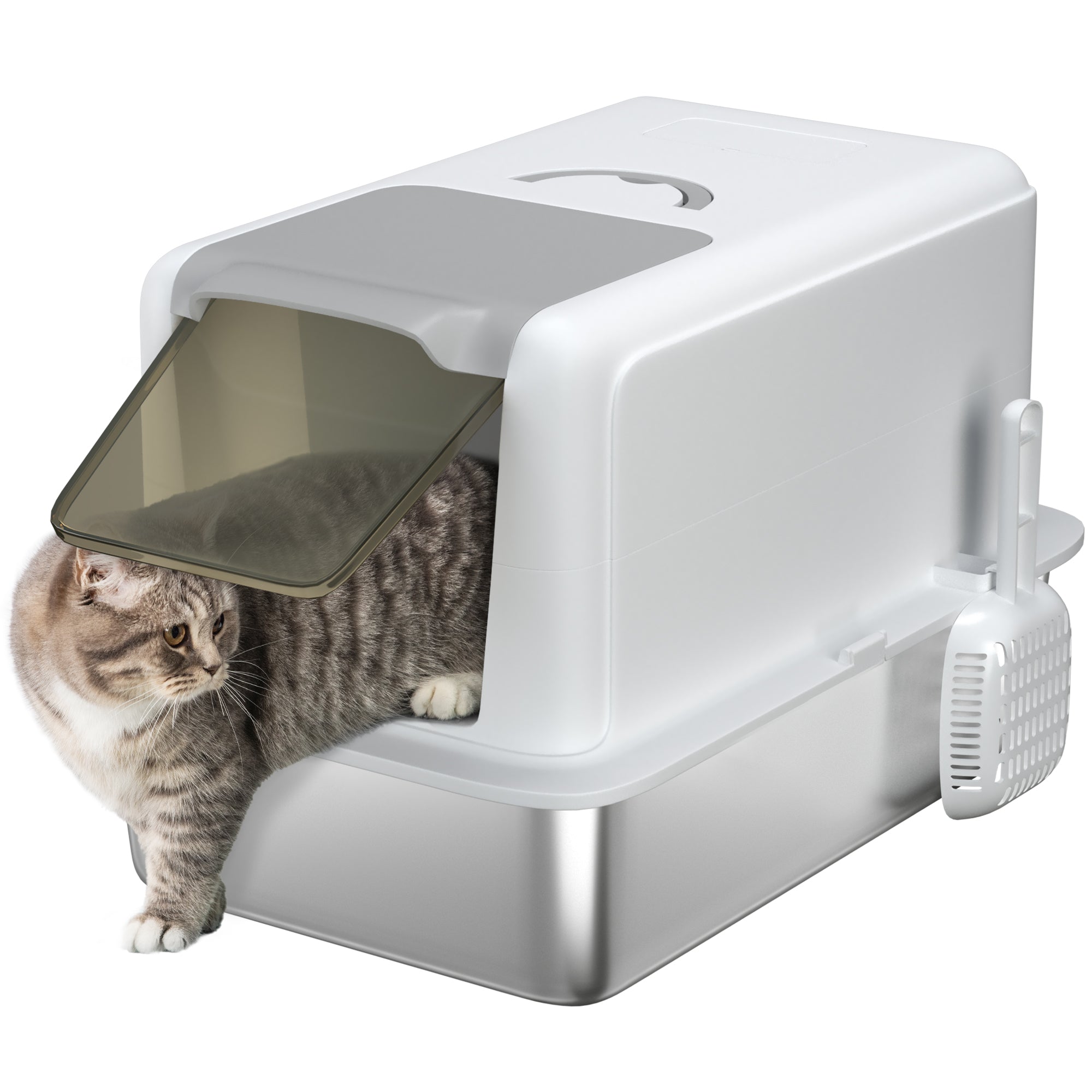 PawHut Stainless Steel Cat Litter Box with Removable Lid, Scoop, Filter Bags, for Larger Cats, White - North Peak Garden Furniture
