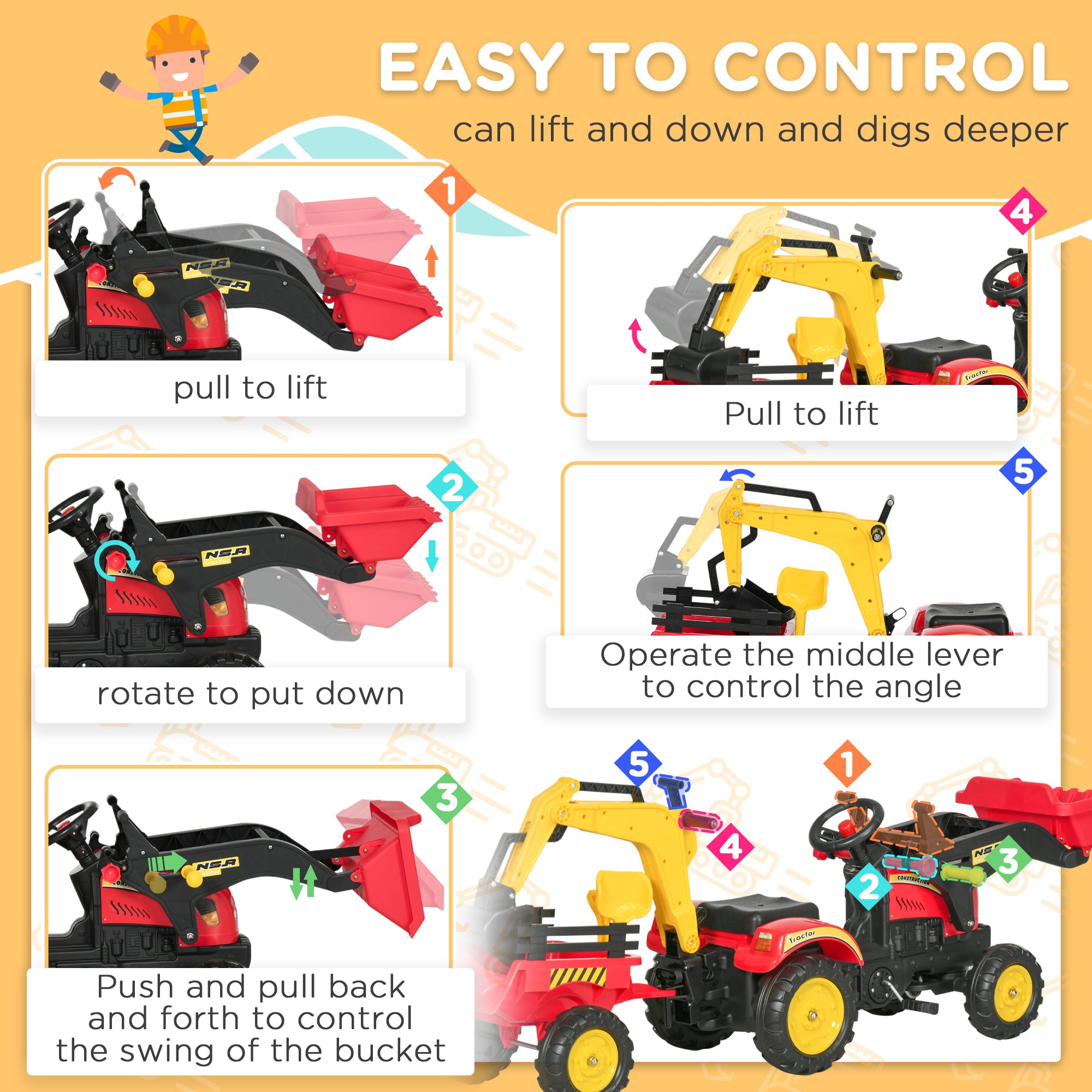 HOMCOM Kids Children Pedal Go Kart Ride On Toy Car Excavator Tractor w/ Moving Bucket Steering Wheel Removable Digger For 3 - 6 Years - North Peak Garden Furniture