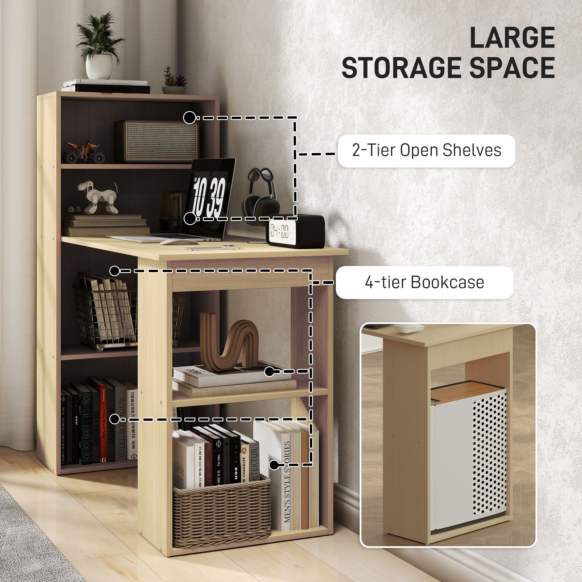 HOMCOM 120cm Modern Computer Desk Bookshelf Study Table Workstation PC Laptop Writing Home Office 6 Shelves, Natural Wood Finish - North Peak Garden Furniture