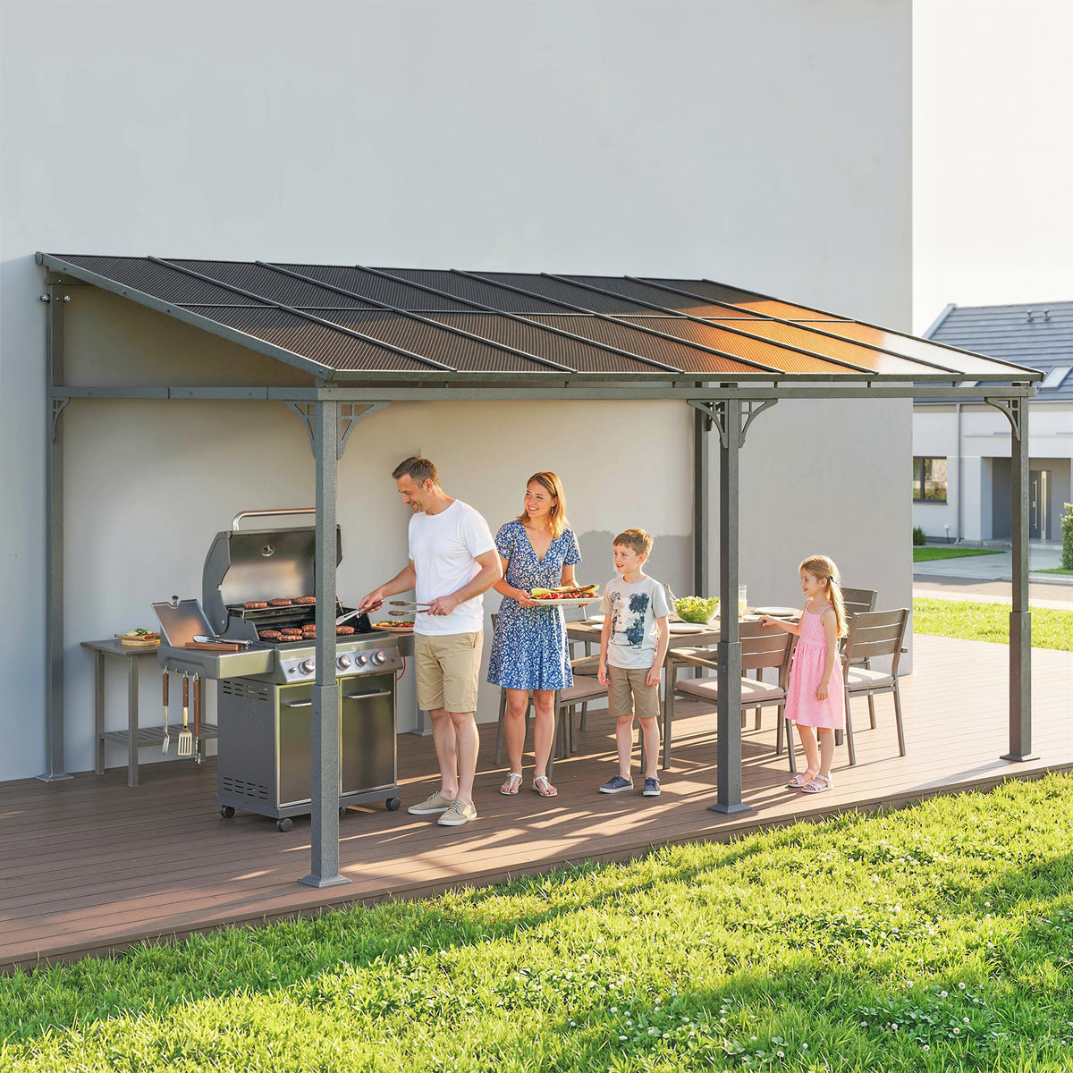 Outsunny 4 x 3 m Metal Lean-to Pergola, Wall-Mounted Garden Pergola with Polycarbonate Roof and Metal-Aluminium Frame, Heavy Duty Hardtop Gazebo for Outdoor Patios, BBQ, Brown