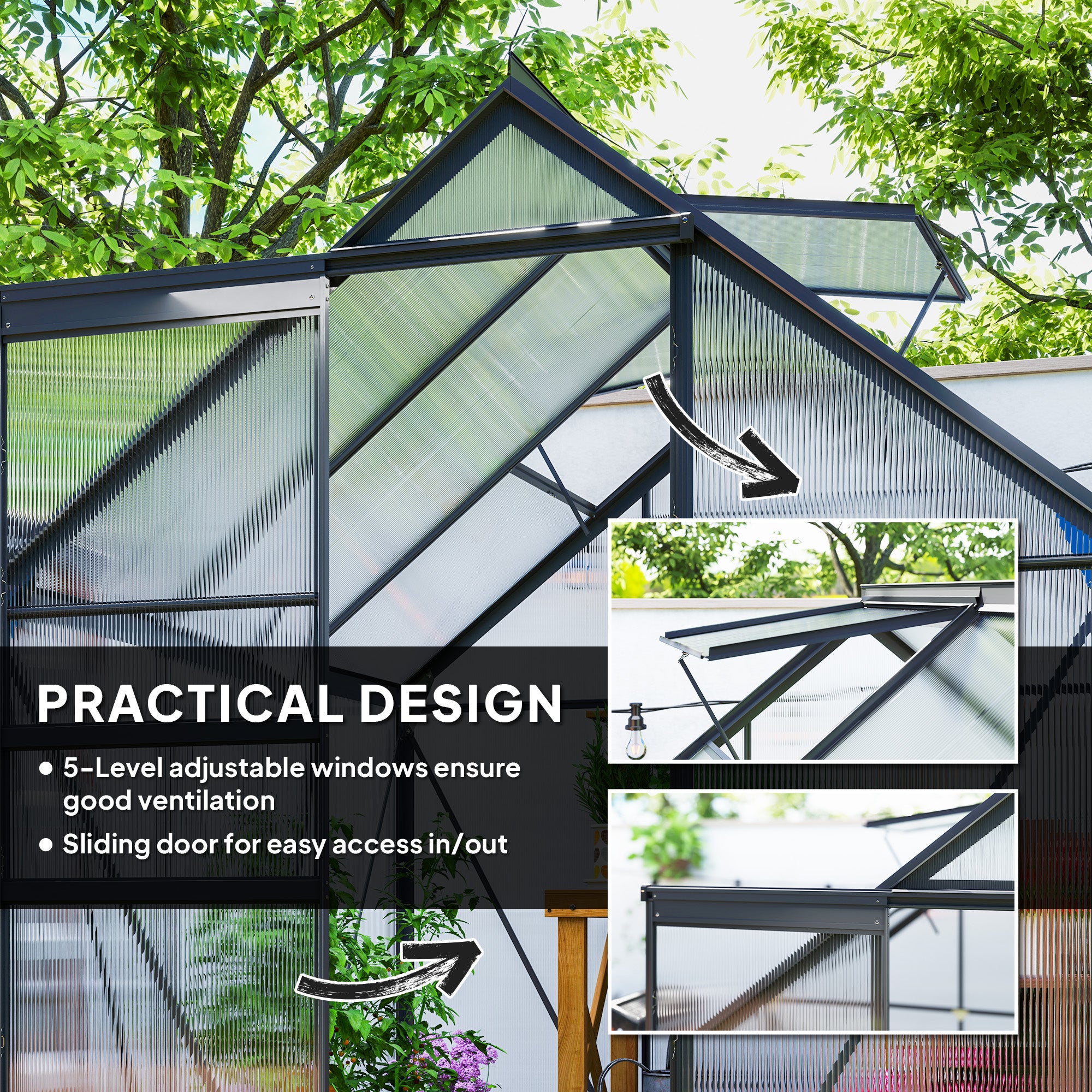 Outsunny 190 x 190cm Walk-In Polycarbonate Greenhouse - Grey - North Peak Garden Furniture