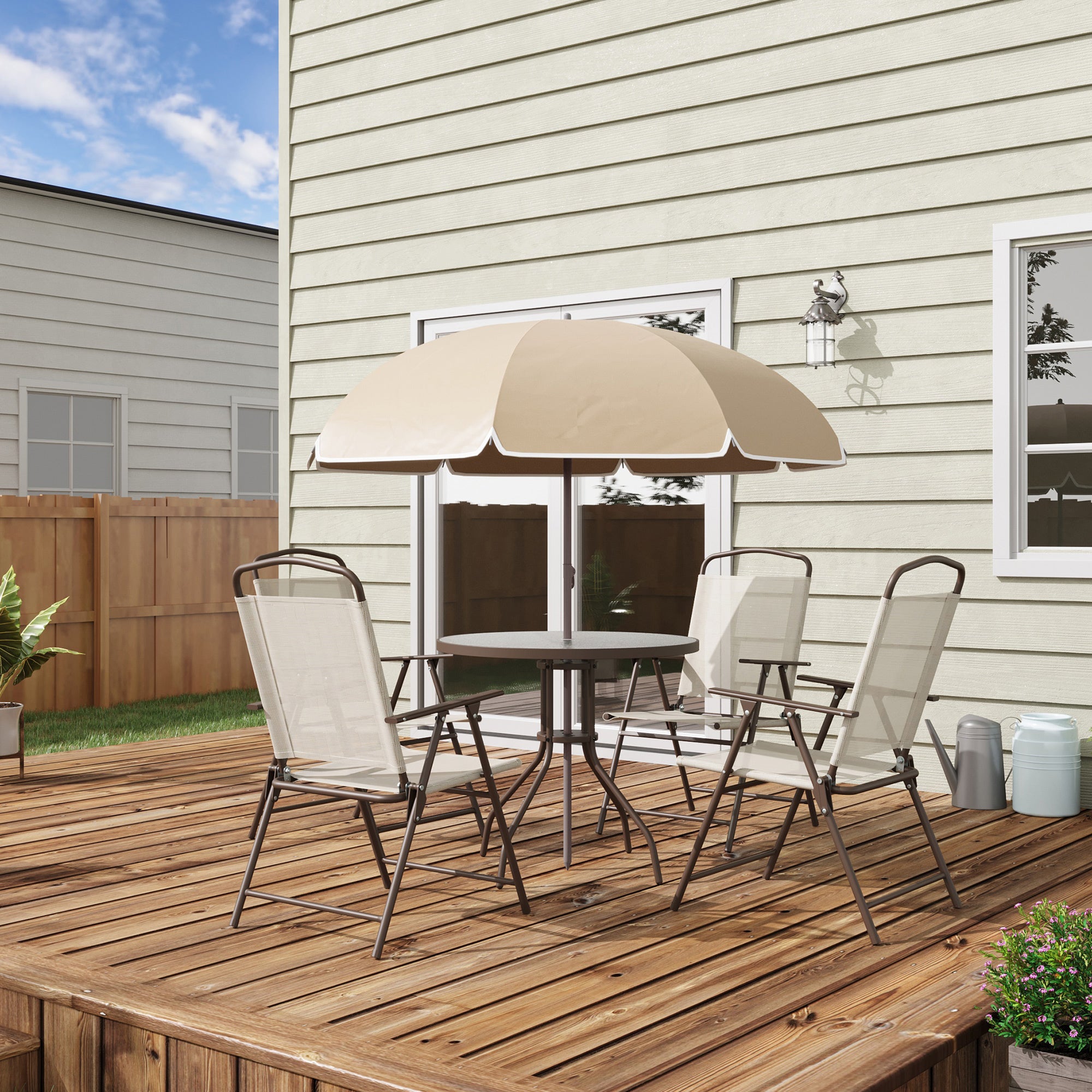 Outsunny Garden Patio Texteline Folding Chairs Plus Table and Parasol Furniture Bistro Set 6 Pieces - Coffee/Cream