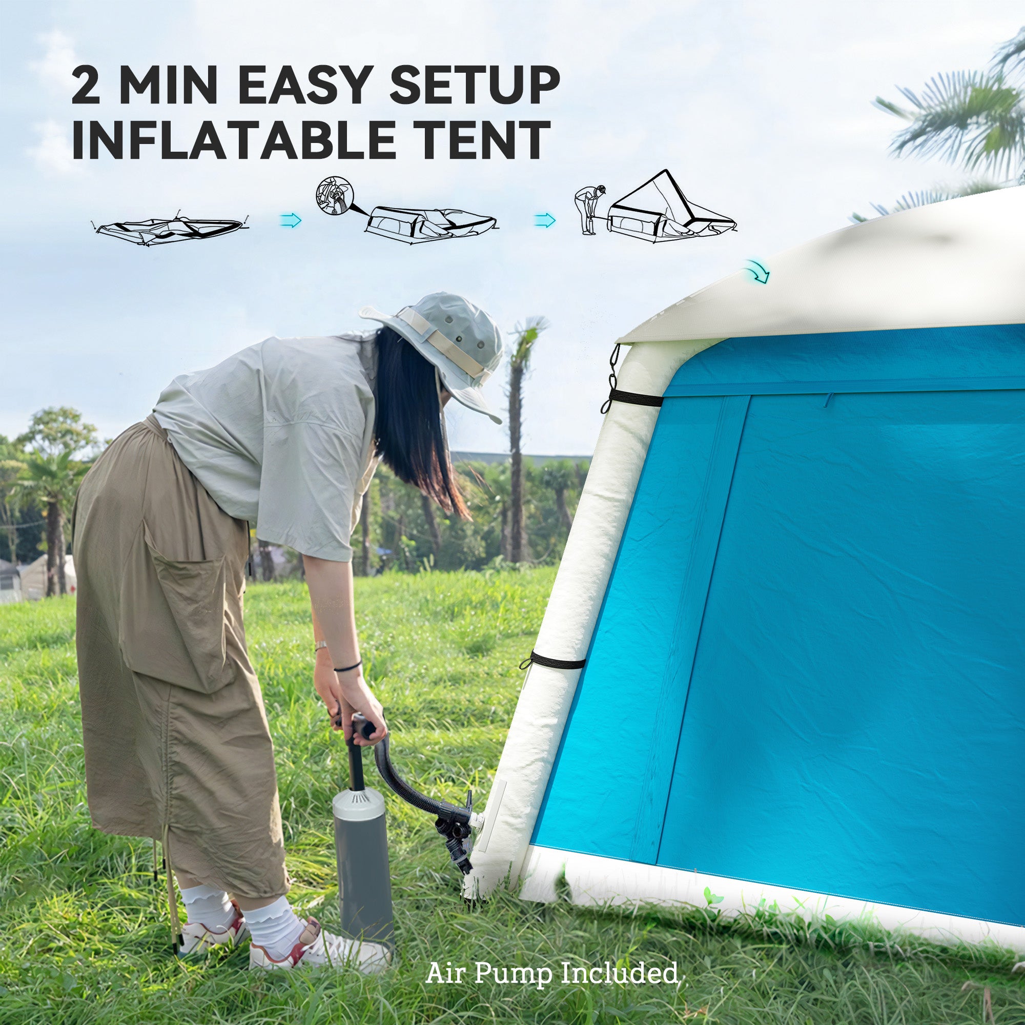 Outsunny Inflatable Camping Tent w/ Hand Pump, Easy Setup 1/2 Person Blow Up Tent Waterproof 190T Taffeta w/ Mesh Windows, Doors and Carry Bag, Light Blue - North Peak Garden Furniture