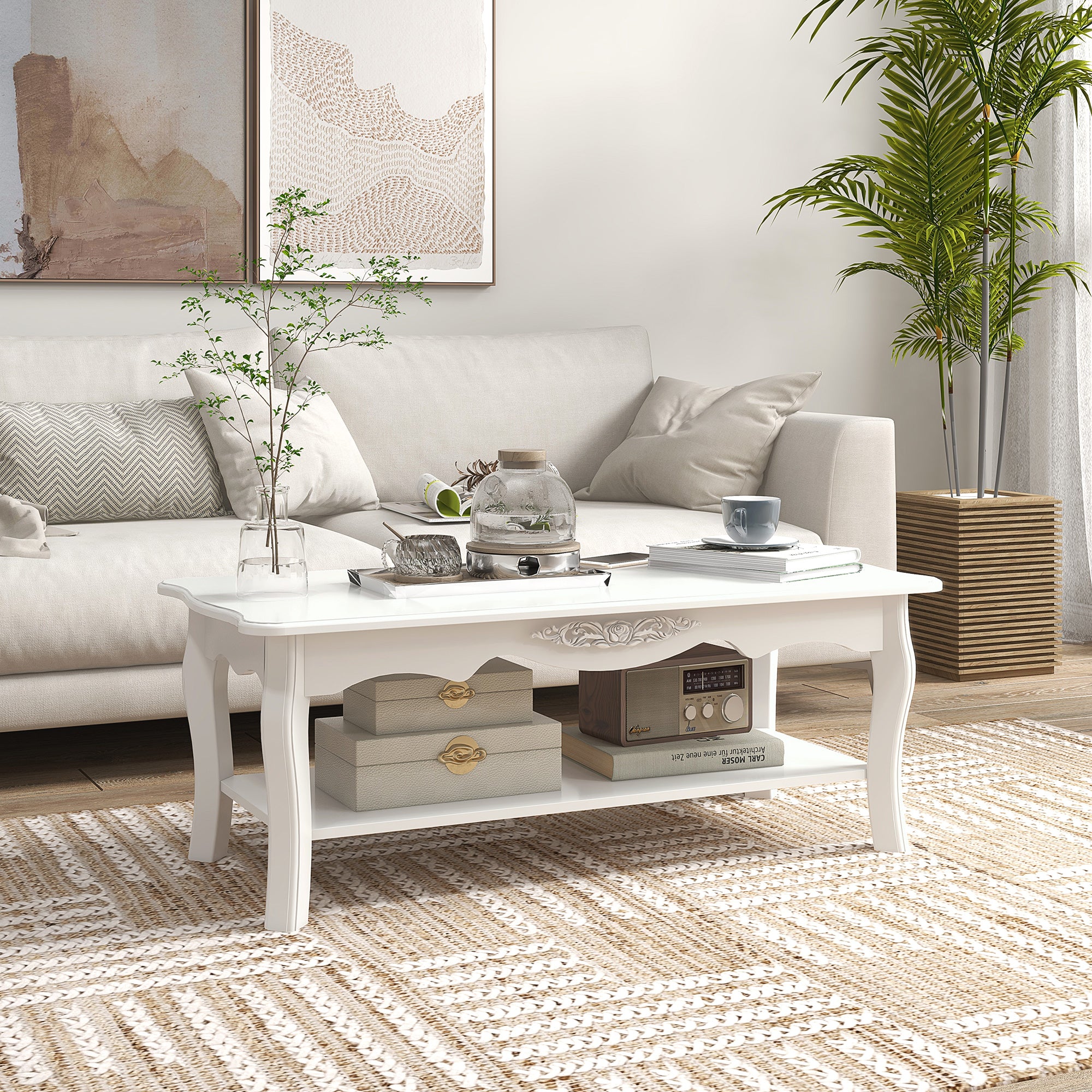 HOMCOM White Coffee Table Wood Cocktail Tea Centre Table with Storage Shelf for Living Room Reception Room, 94L x 44W x 42H cm - North Peak Garden Furniture