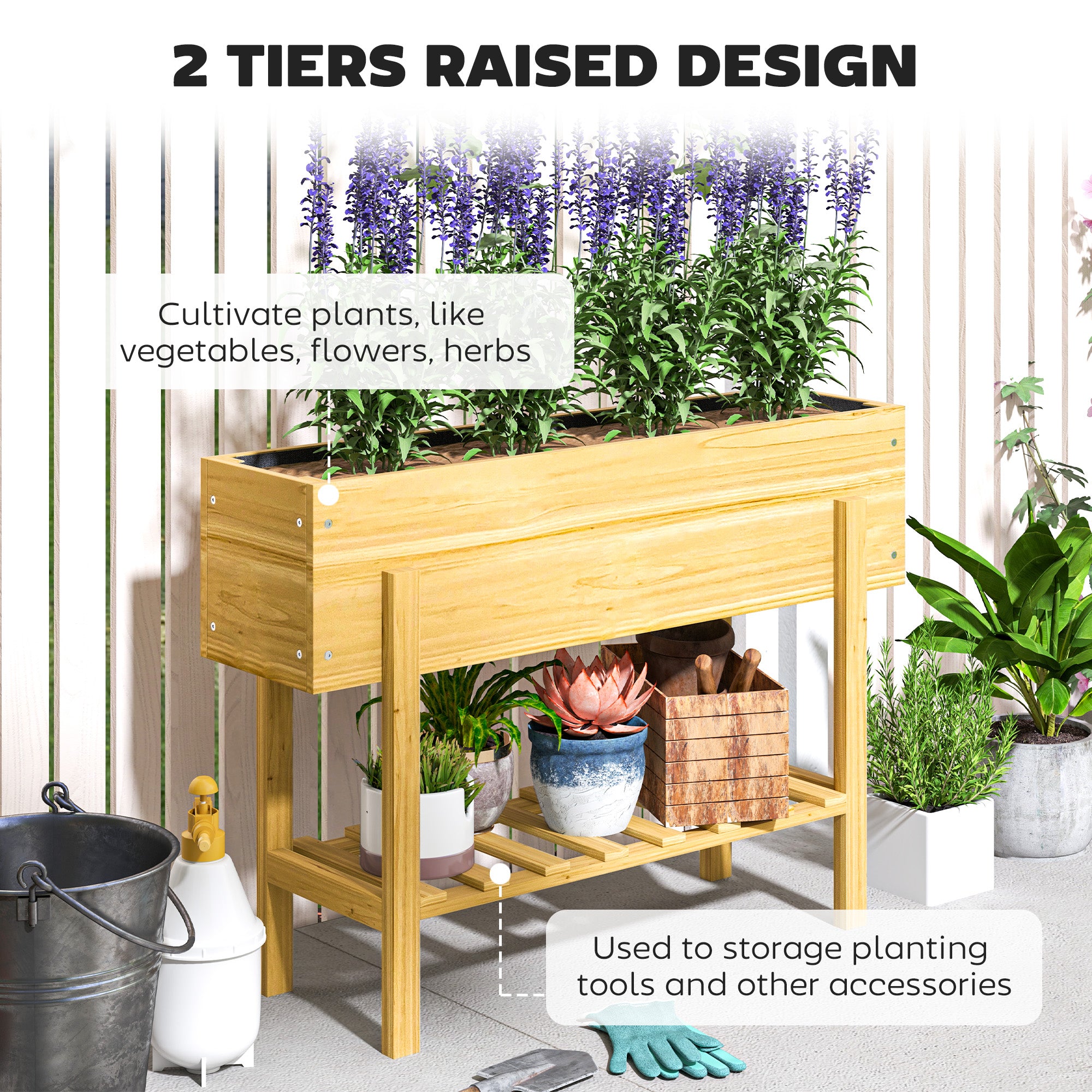 Outsunny Wooden Raised Garden Bed, Elevated Planter Box with Bed Liner, Drainage Holes and Storage Shelf, Raised Planter for Vegetables, Flowers, Herbs, 100 x 30 x 71 cm, Natural Wood Finish - North Peak Garden Furniture